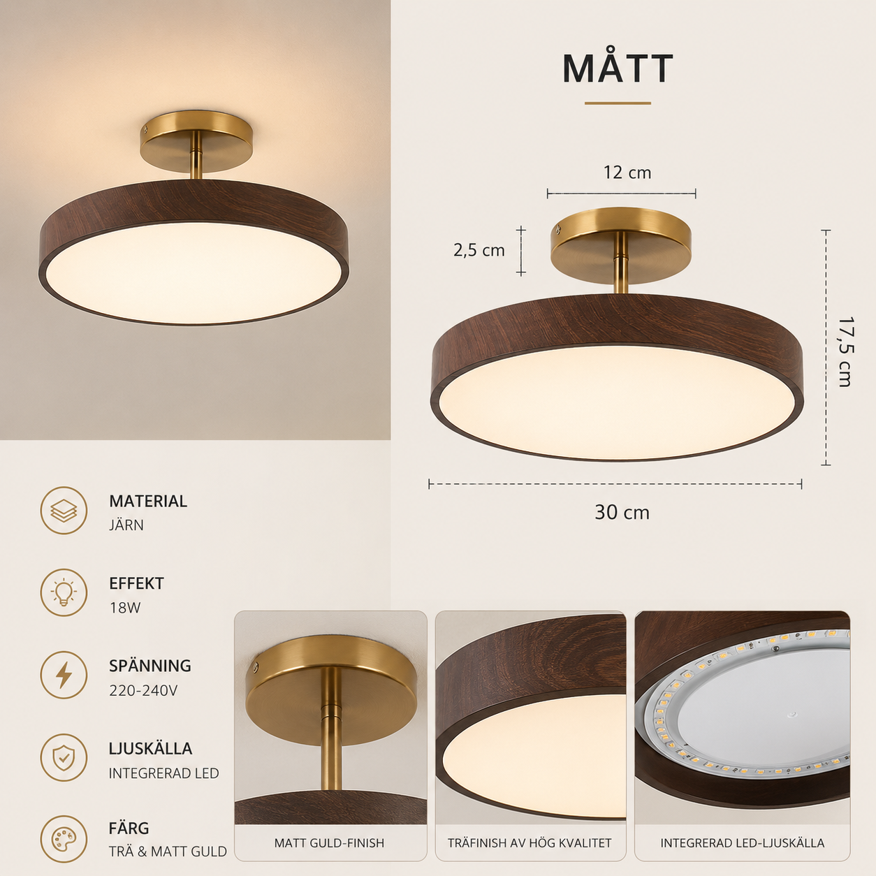 Fjell – Lampada da soffitto scandinava con effetto legno e cornice dorata