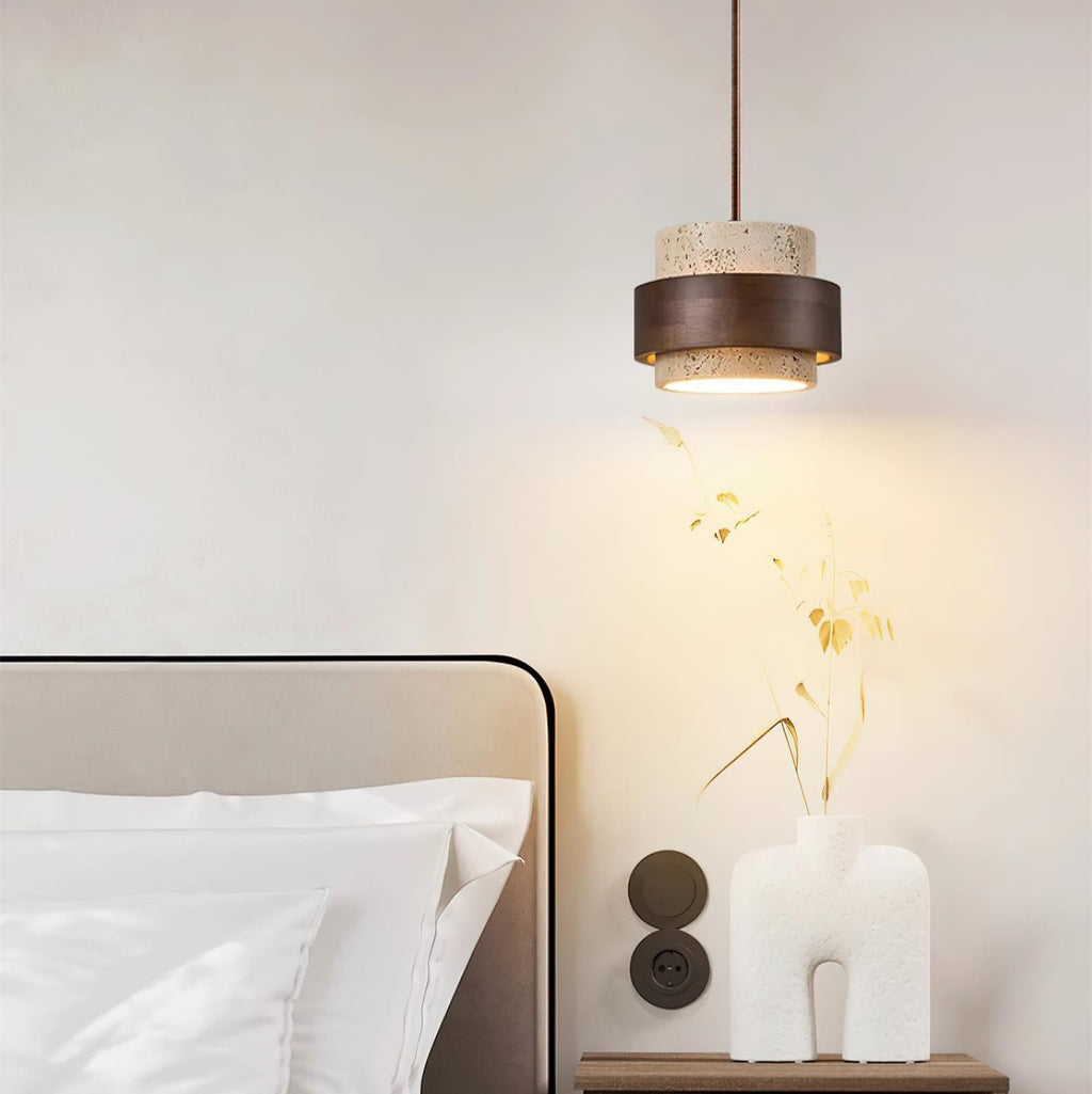 Arluna | Lampada a Sospensione in Travertino con Dettagli in Legno di Noce per Illuminazione Ambientale Moderna