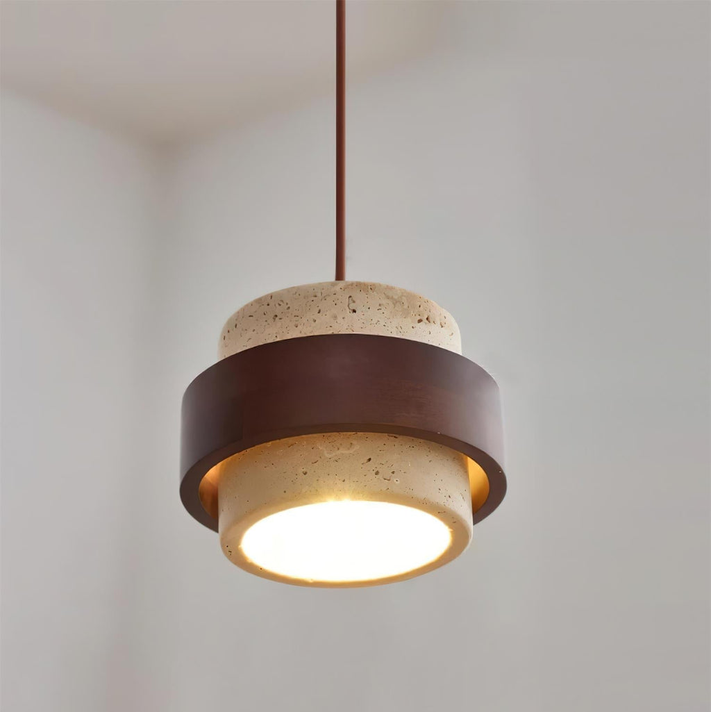 Arluna | Lampada a Sospensione in Travertino con Dettagli in Legno di Noce per Illuminazione Ambientale Moderna