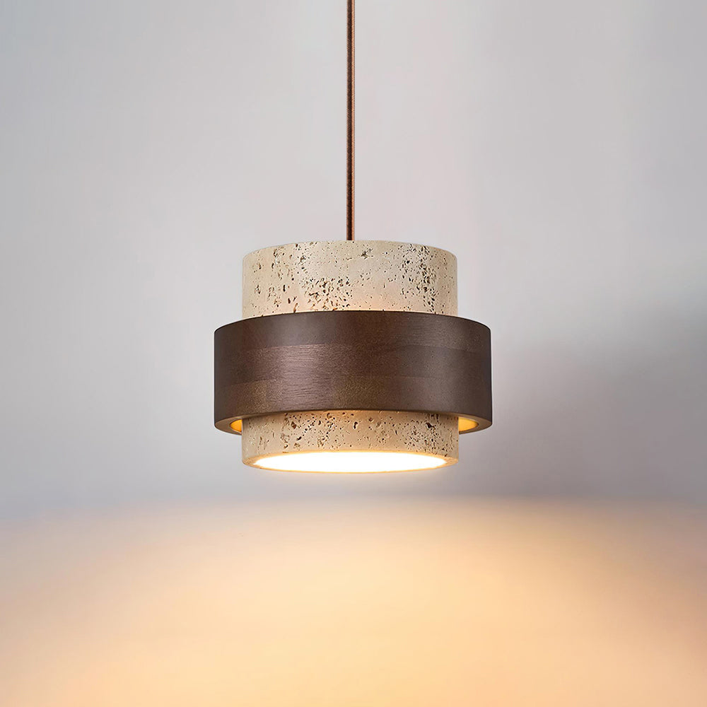 Arluna | Lampada a Sospensione in Travertino con Dettagli in Legno di Noce per Illuminazione Ambientale Moderna