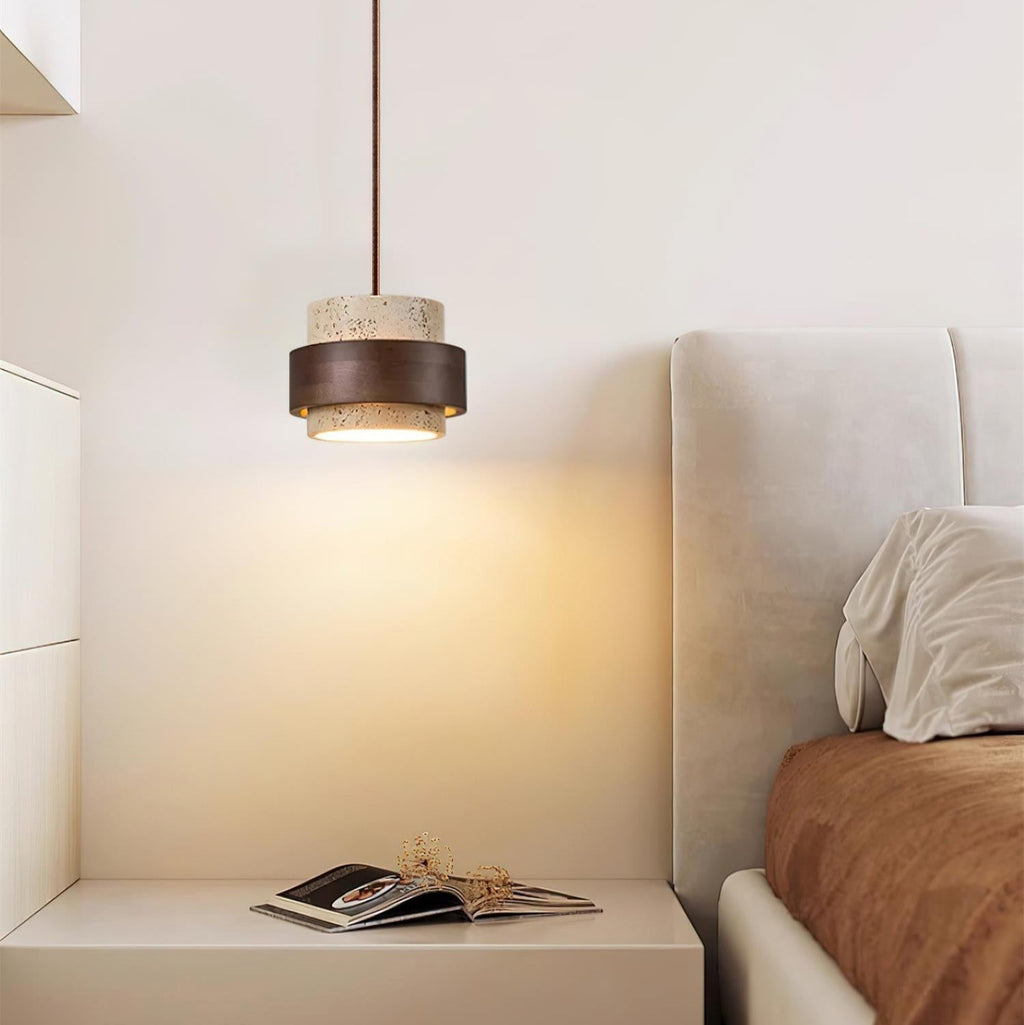 Arluna | Lampada a Sospensione in Travertino con Dettagli in Legno di Noce per Illuminazione Ambientale Moderna