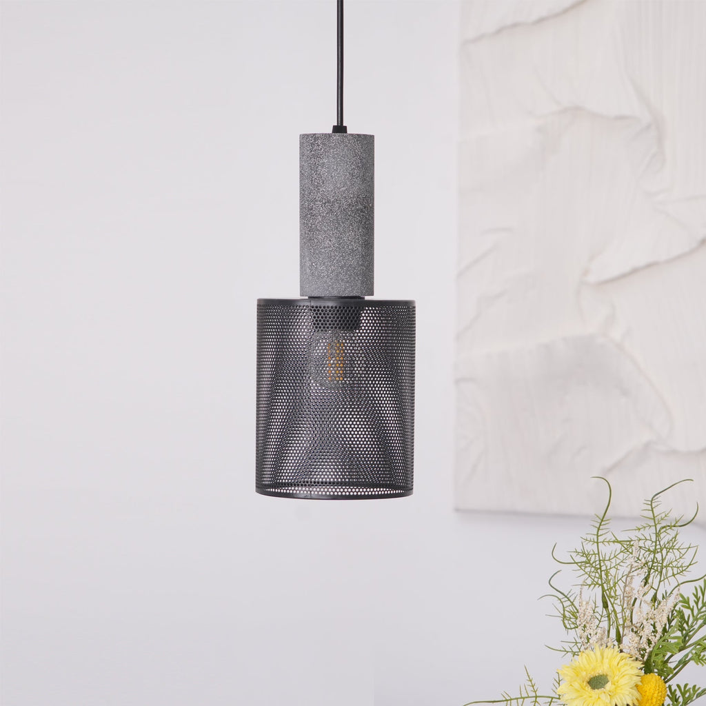 Virexo | Lampada a sospensione in cemento industriale con paralume cilindrico per interni moderni