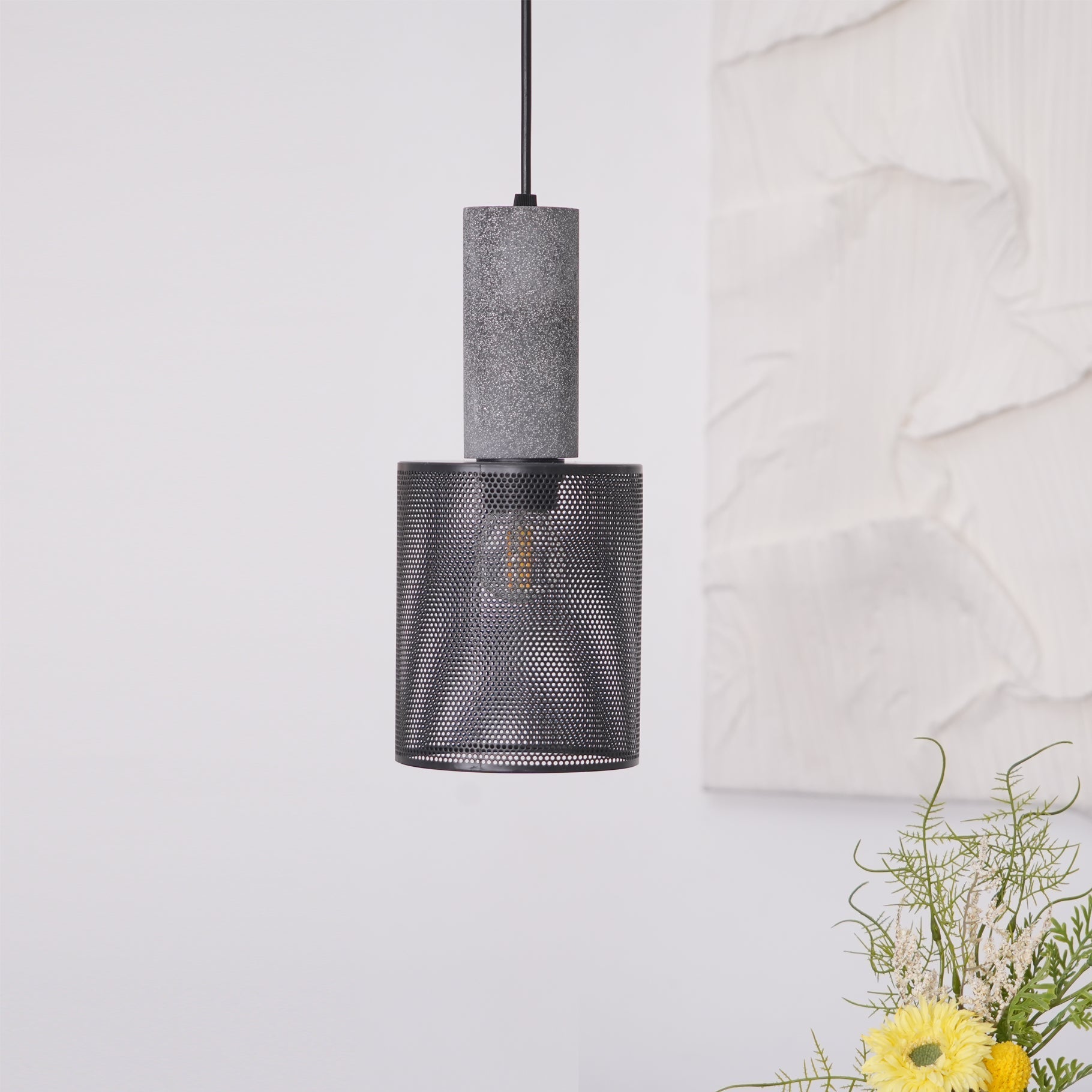 Virexo | Lampada a sospensione in cemento industriale con paralume cilindrico per interni moderni