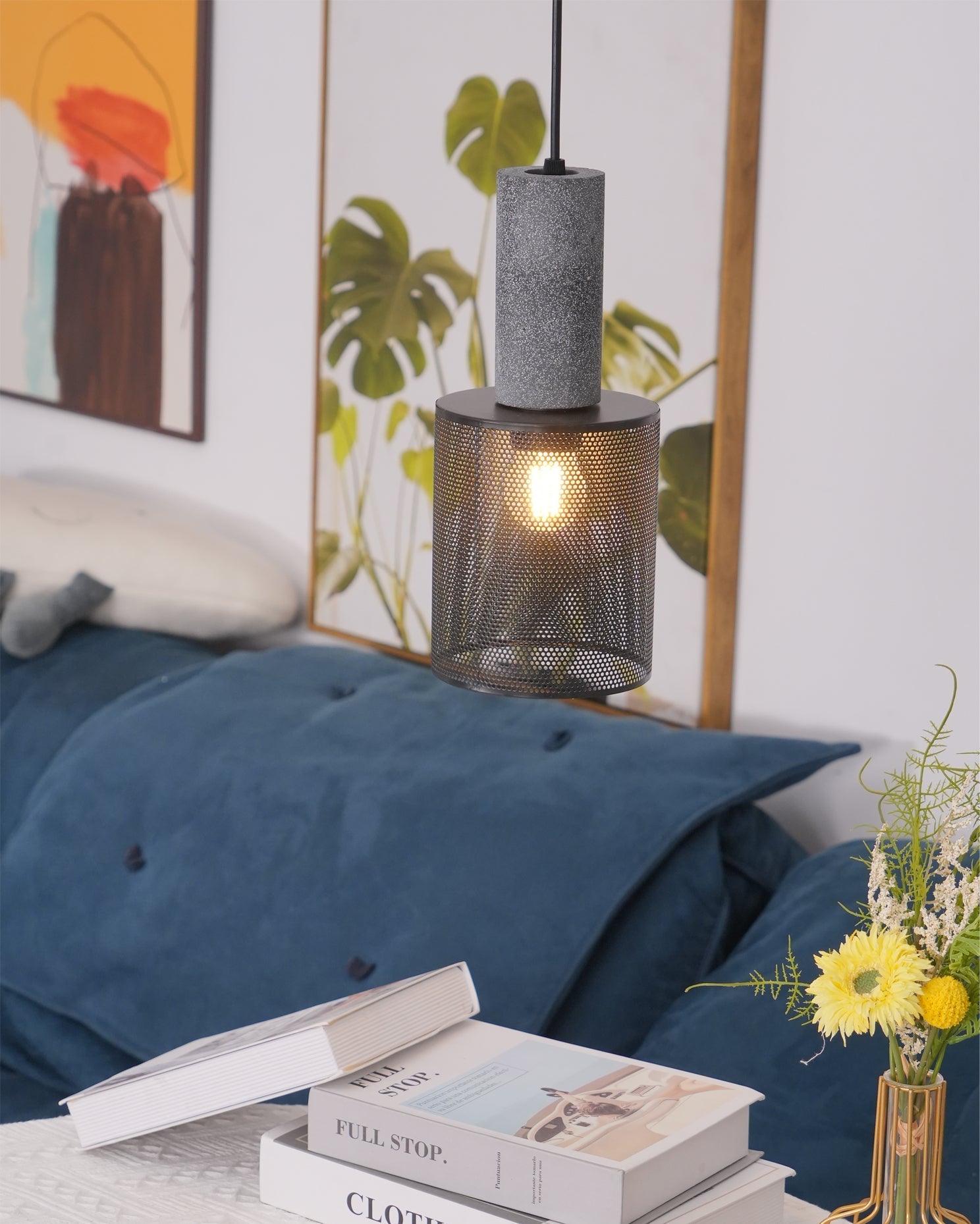 Virexo | Lampada a sospensione in cemento industriale con paralume cilindrico per interni moderni