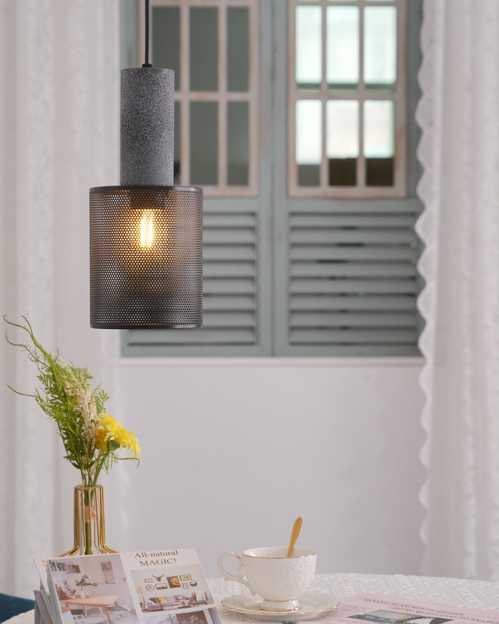 Virexo | Lampada a sospensione in cemento industriale con paralume cilindrico per interni moderni