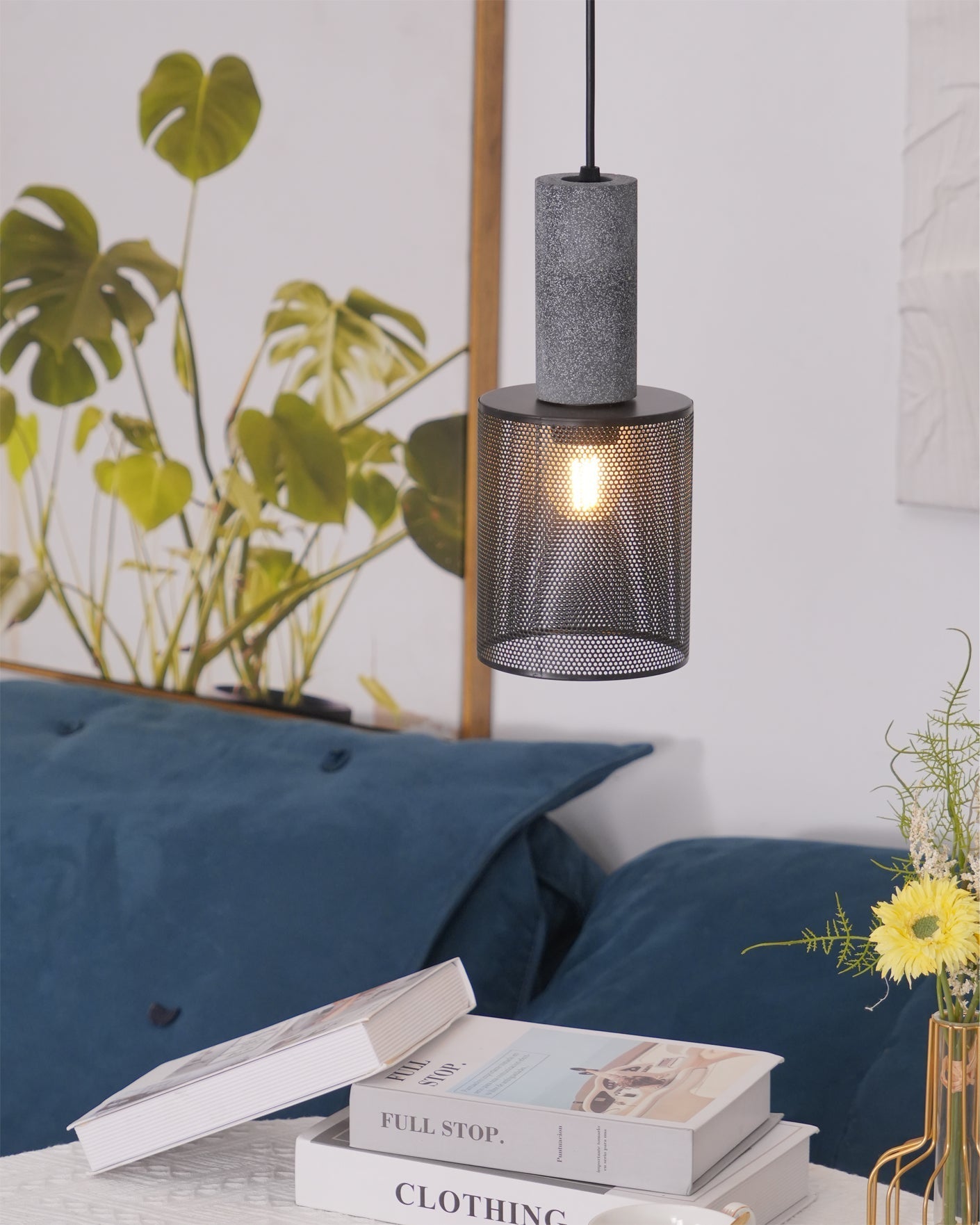 Virexo | Lampada a sospensione in cemento industriale con paralume cilindrico per interni moderni