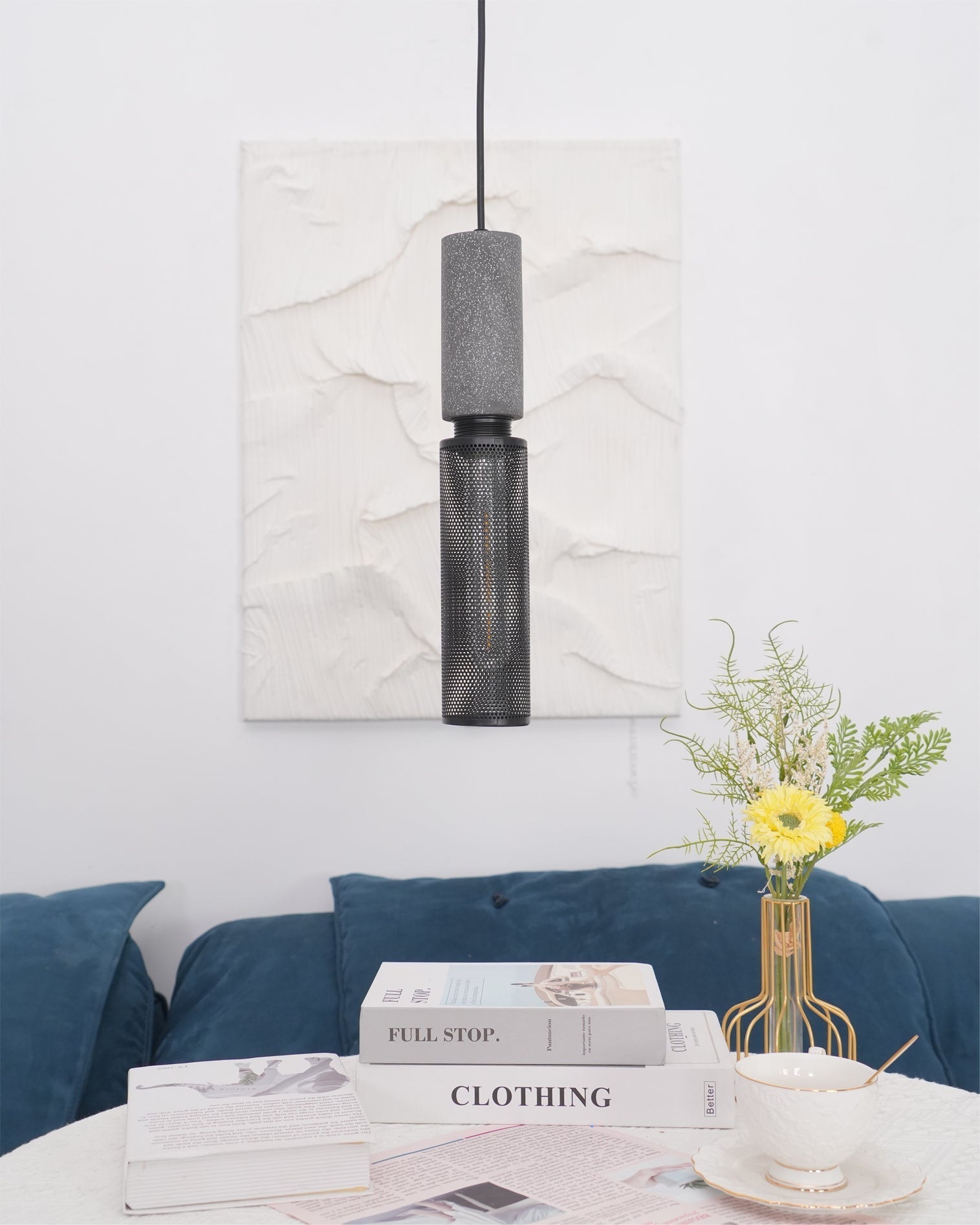 Virexo | Lampada a sospensione in cemento industriale con paralume cilindrico per interni moderni