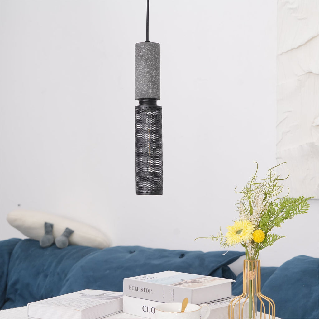 Virexo | Lampada a sospensione in cemento industriale con paralume cilindrico per interni moderni