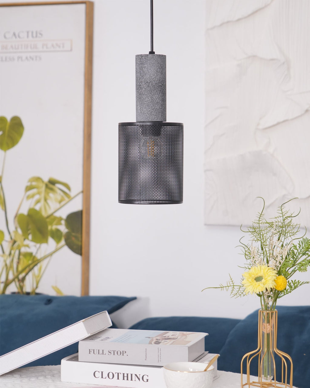 Virexo | Lampada a sospensione in cemento industriale con paralume cilindrico per interni moderni
