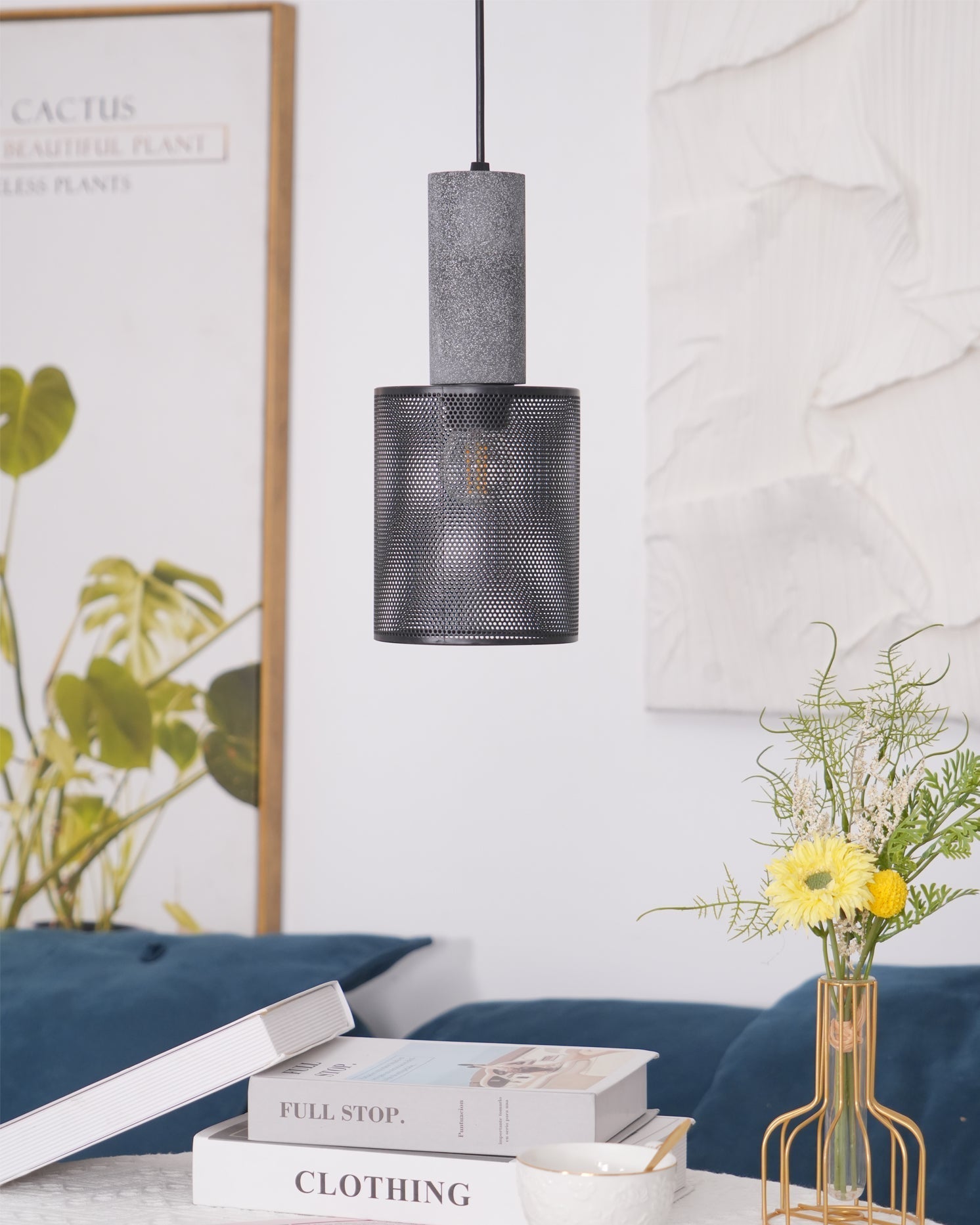 Virexo | Lampada a sospensione in cemento industriale con paralume cilindrico per interni moderni