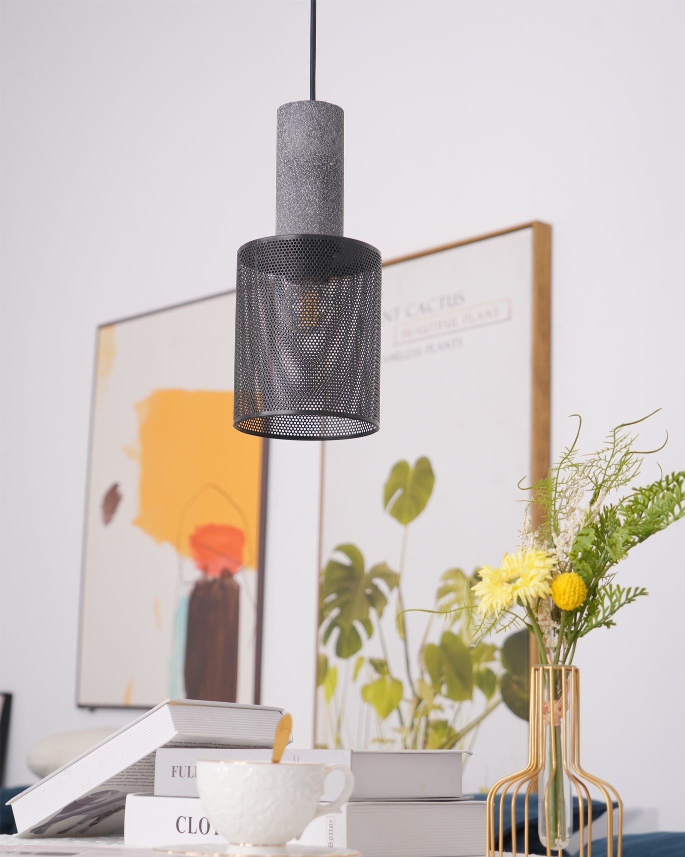 Virexo | Lampada a sospensione in cemento industriale con paralume cilindrico per interni moderni