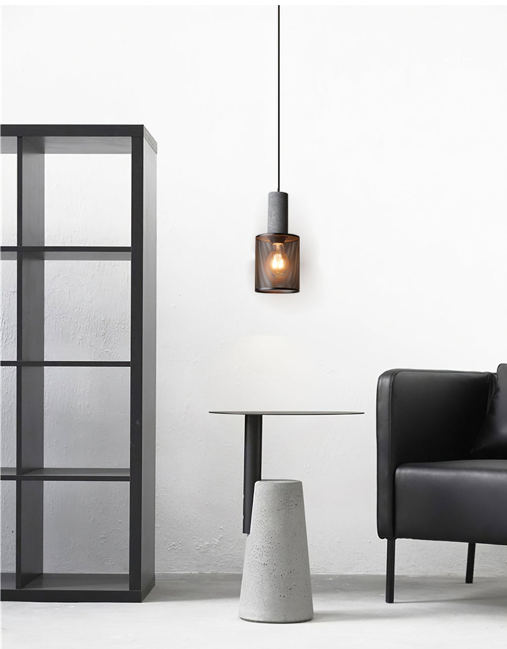 Virexo | Lampada a sospensione in cemento industriale con paralume cilindrico per interni moderni