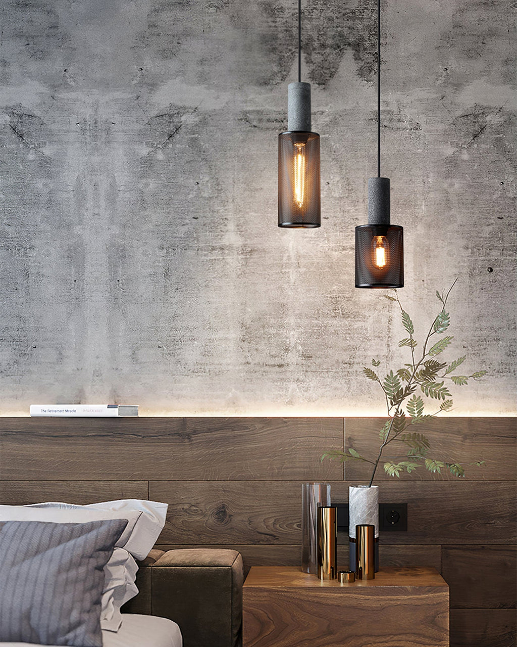 Virexo | Lampada a sospensione in cemento industriale con paralume cilindrico per interni moderni