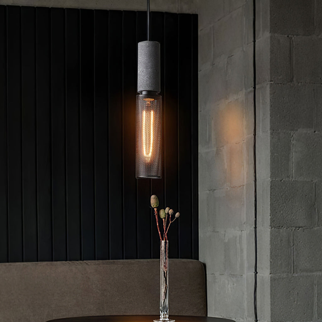 Virexo | Lampada a sospensione in cemento industriale con paralume cilindrico per interni moderni