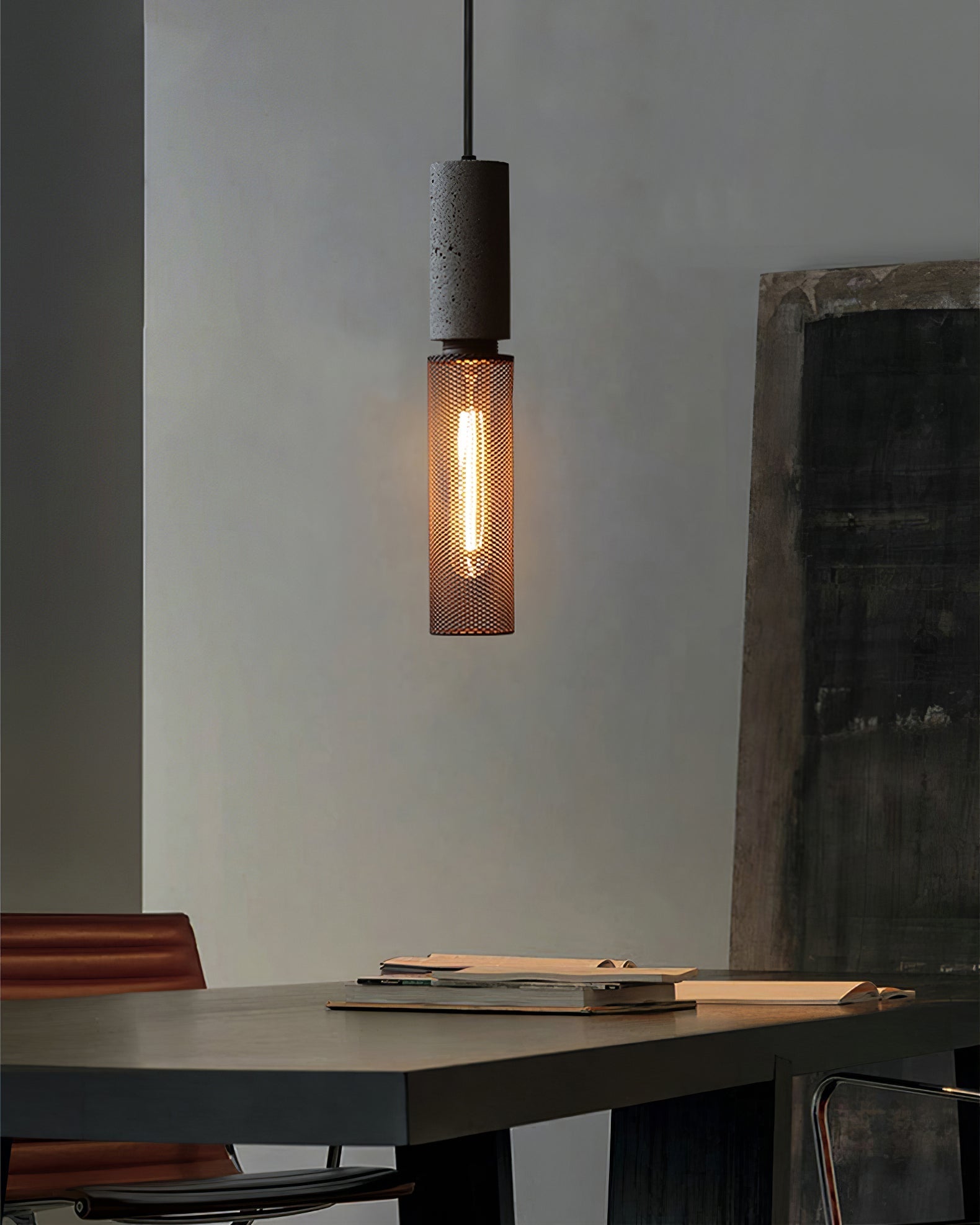 Virexo | Lampada a sospensione in cemento industriale con paralume cilindrico per interni moderni