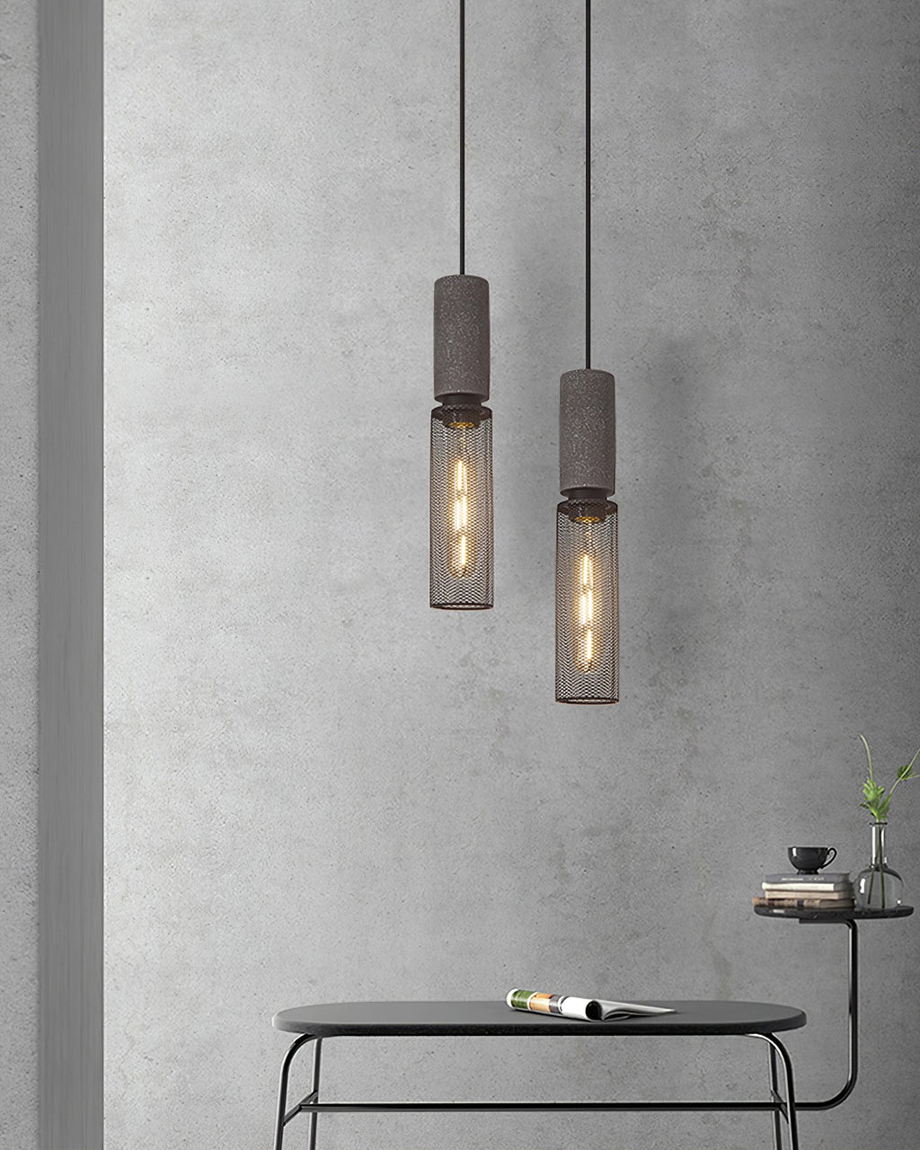 Virexo | Lampada a sospensione in cemento industriale con paralume cilindrico per interni moderni
