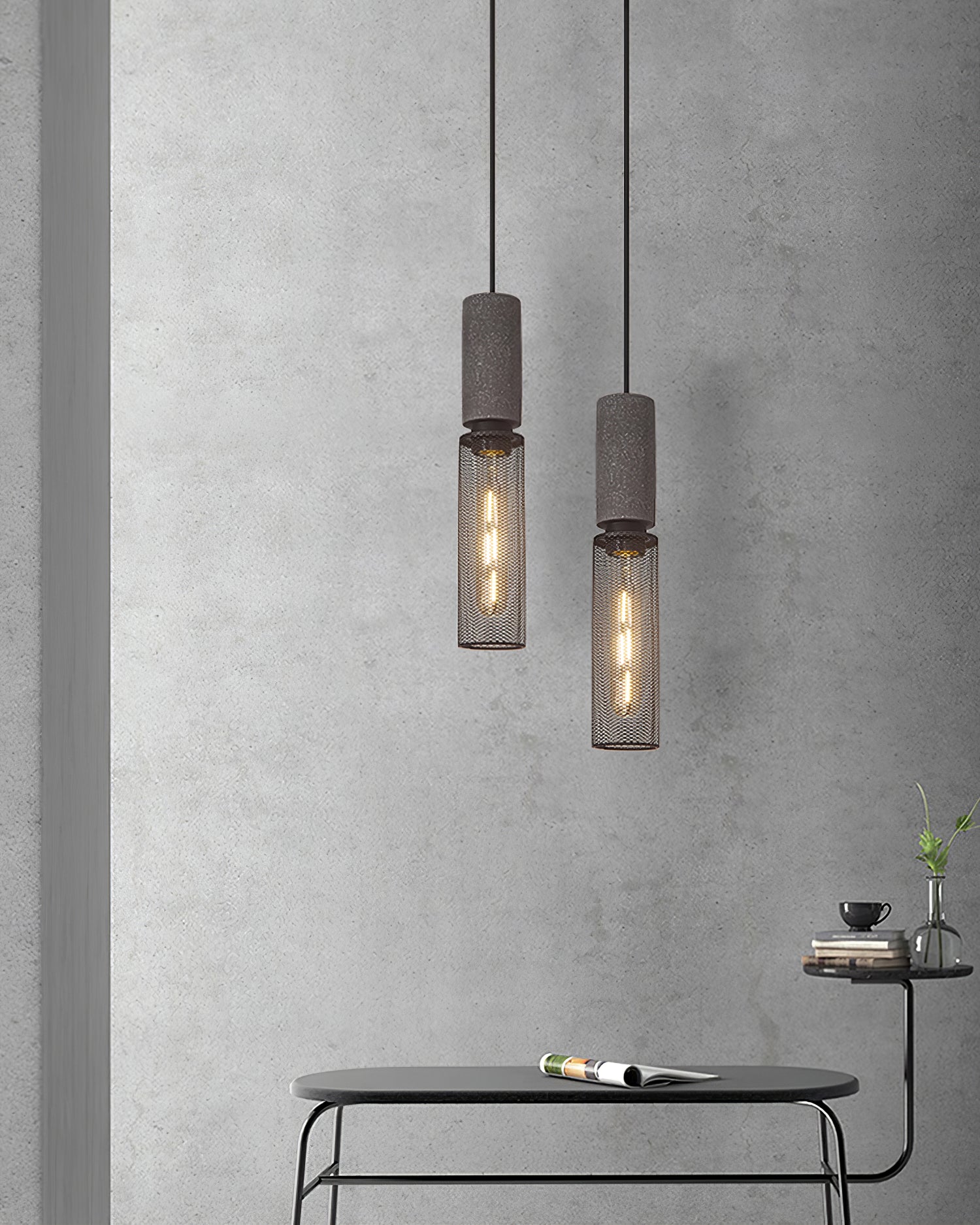 Virexo | Lampada a sospensione in cemento industriale con paralume cilindrico per interni moderni