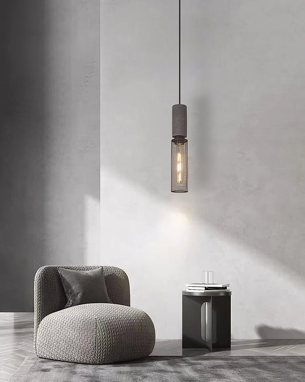 Virexo | Lampada a sospensione in cemento industriale con paralume cilindrico per interni moderni