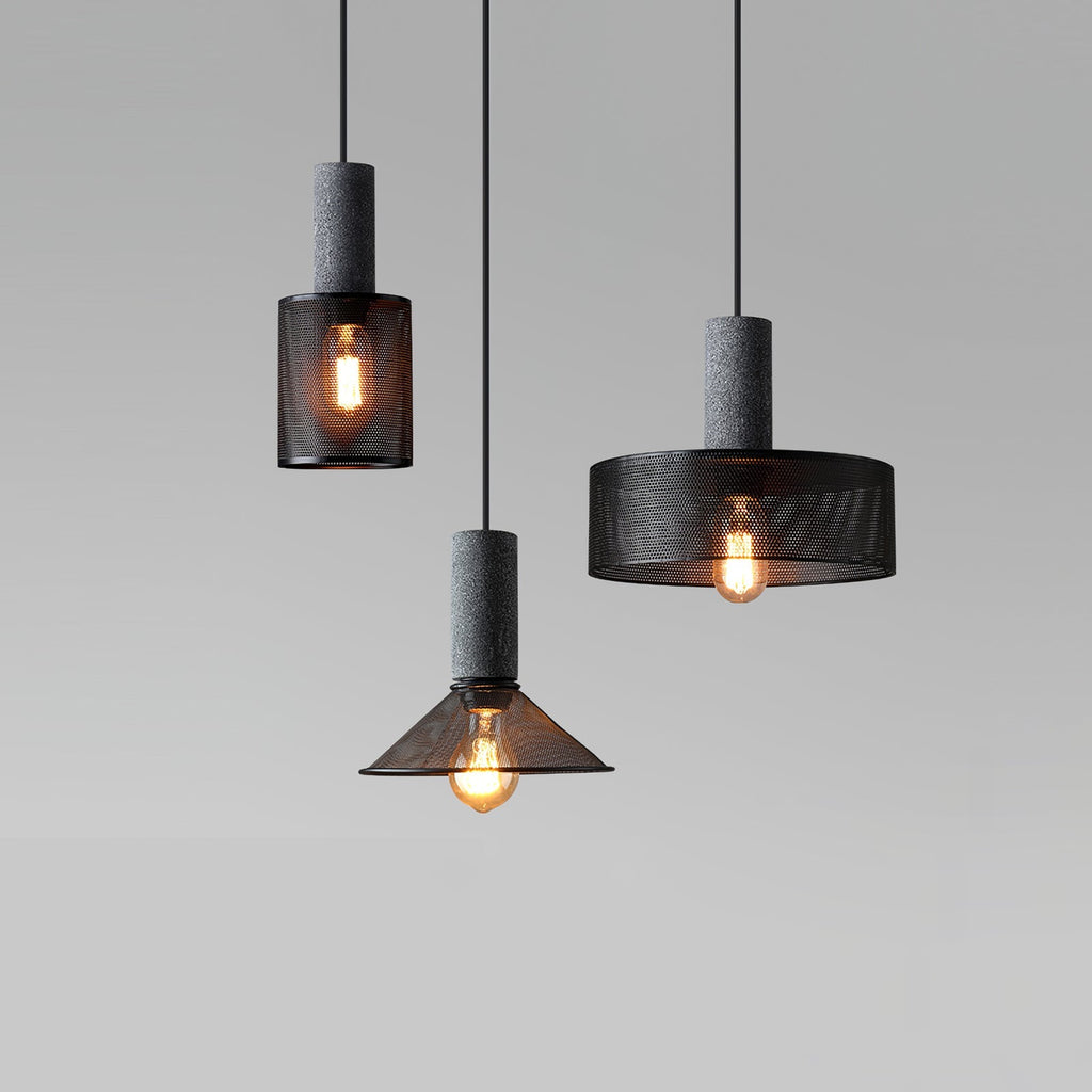 Virexo | Lampada a sospensione in cemento industriale con paralume cilindrico per interni moderni