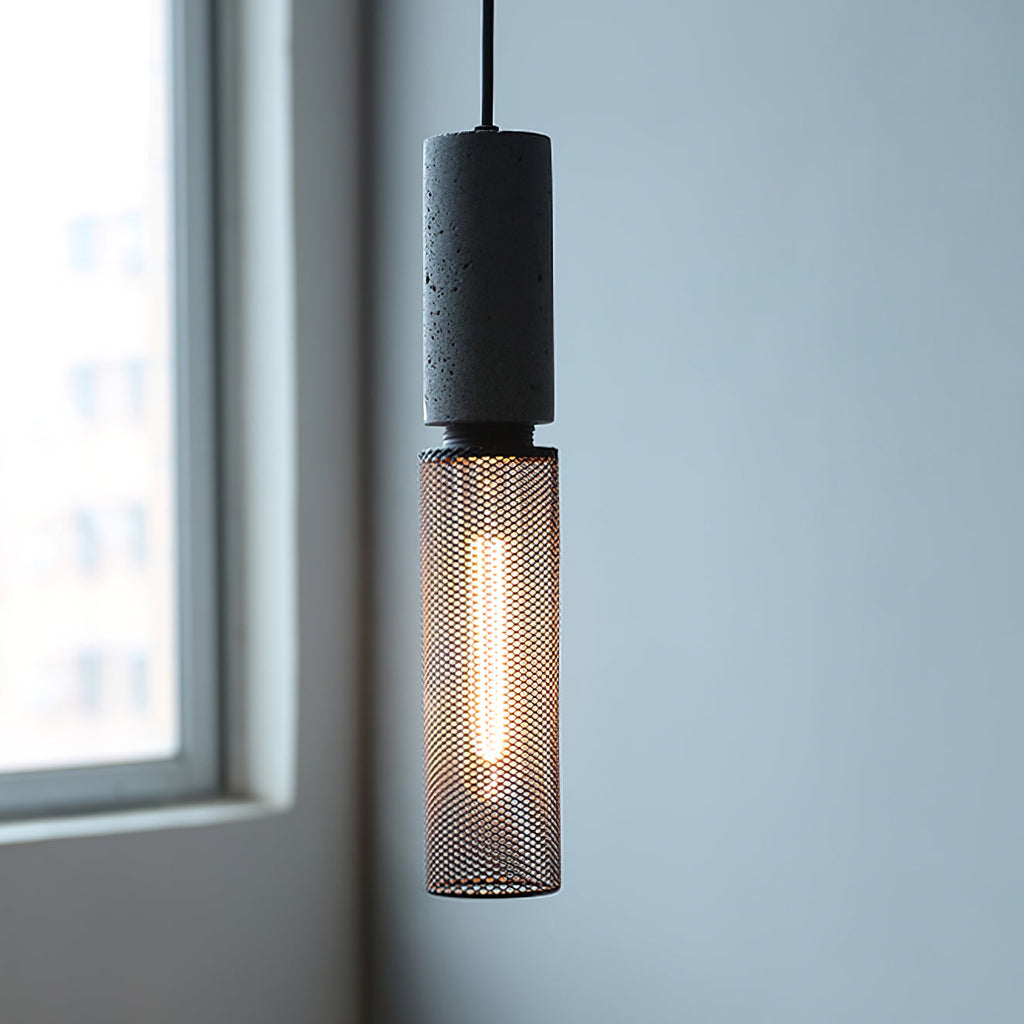 Virexo | Lampada a sospensione in cemento industriale con paralume cilindrico per interni moderni