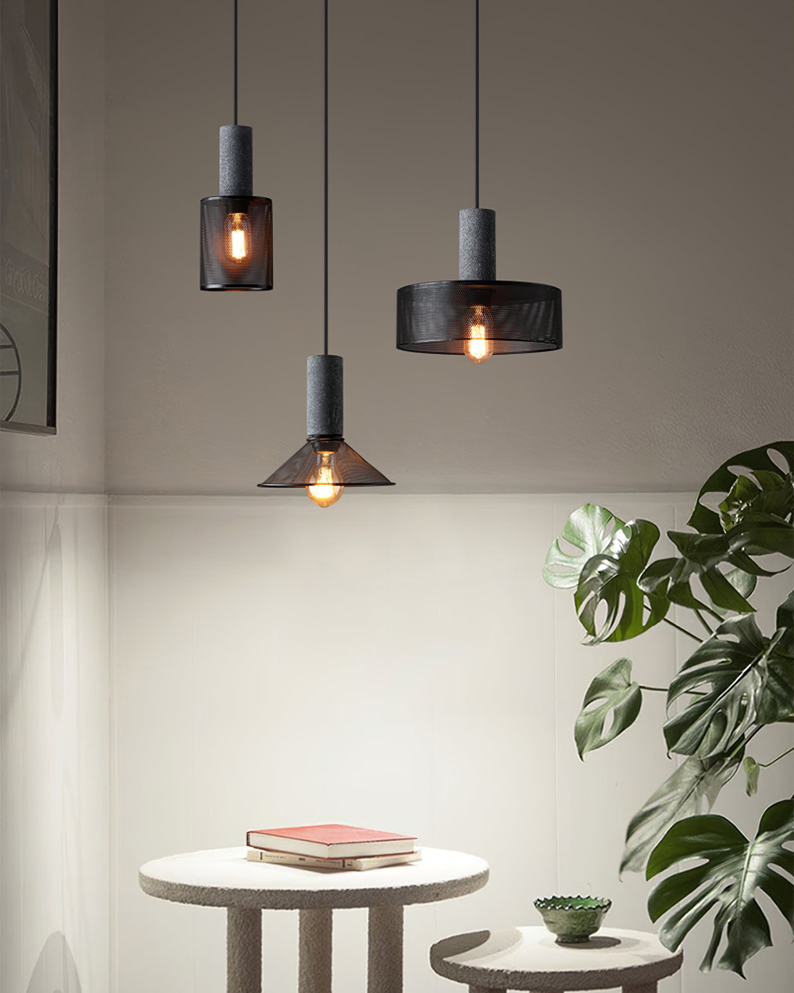 Virexo | Lampada a sospensione in cemento industriale con paralume cilindrico per interni moderni