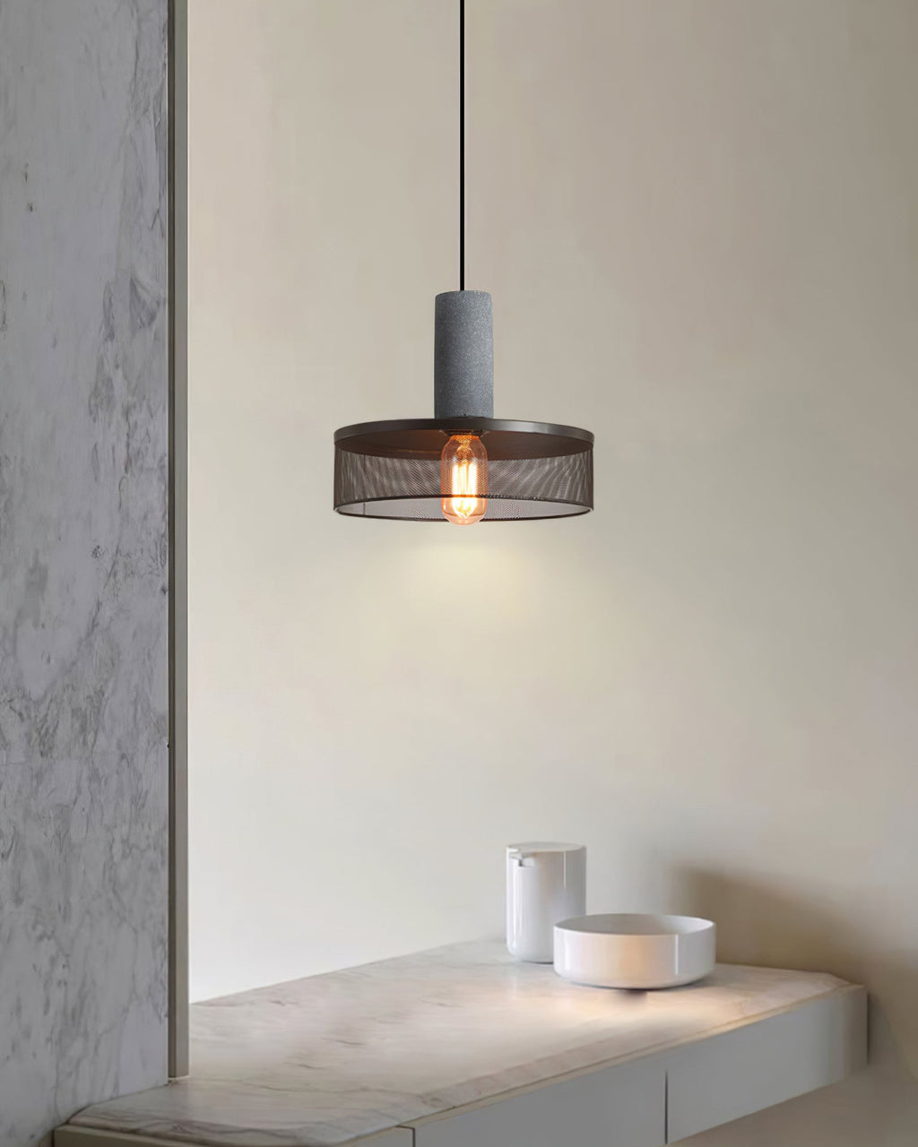 Virexo | Lampada a sospensione in cemento industriale con paralume cilindrico per interni moderni
