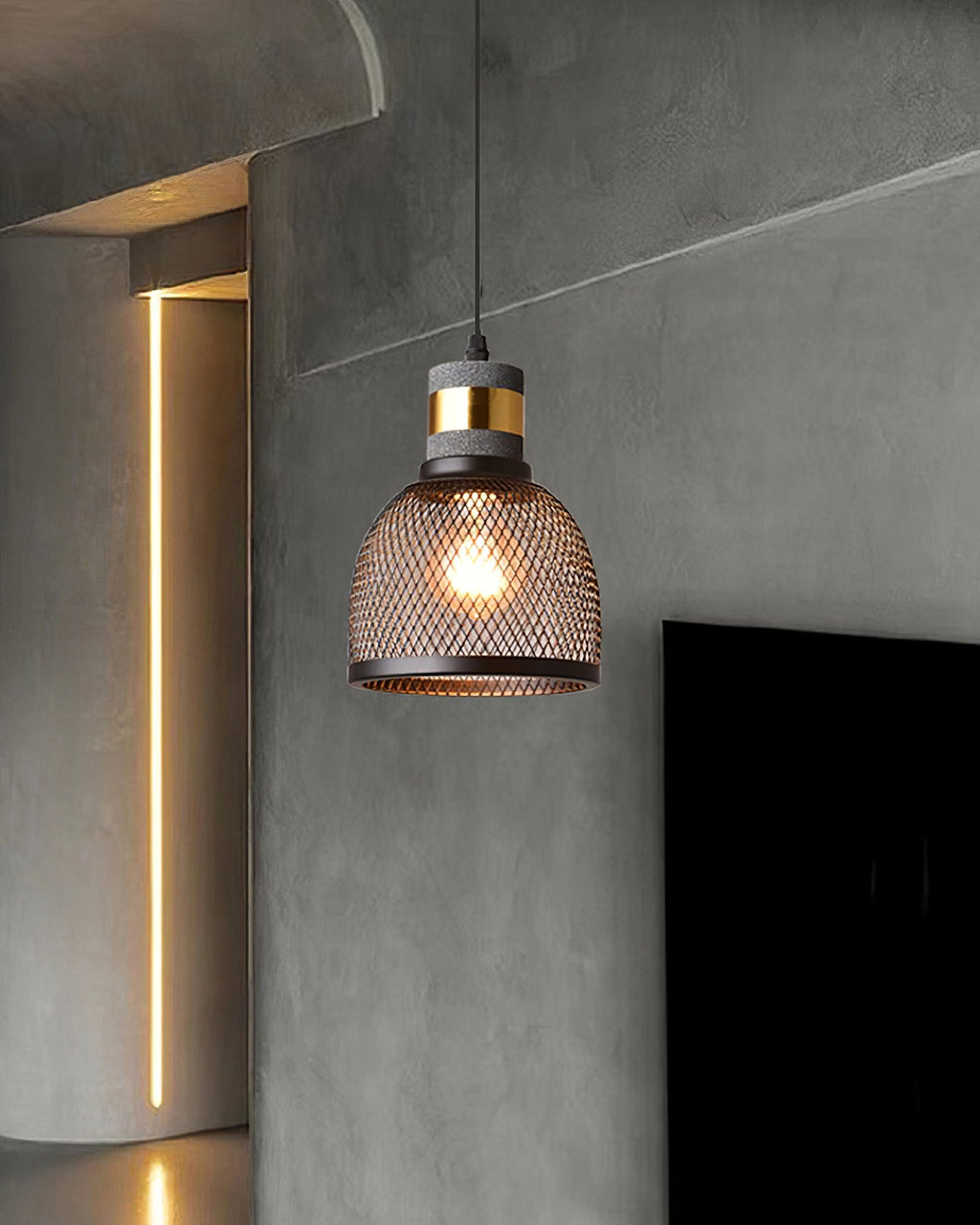 Virexo | Lampada a sospensione in cemento industriale con paralume cilindrico per interni moderni