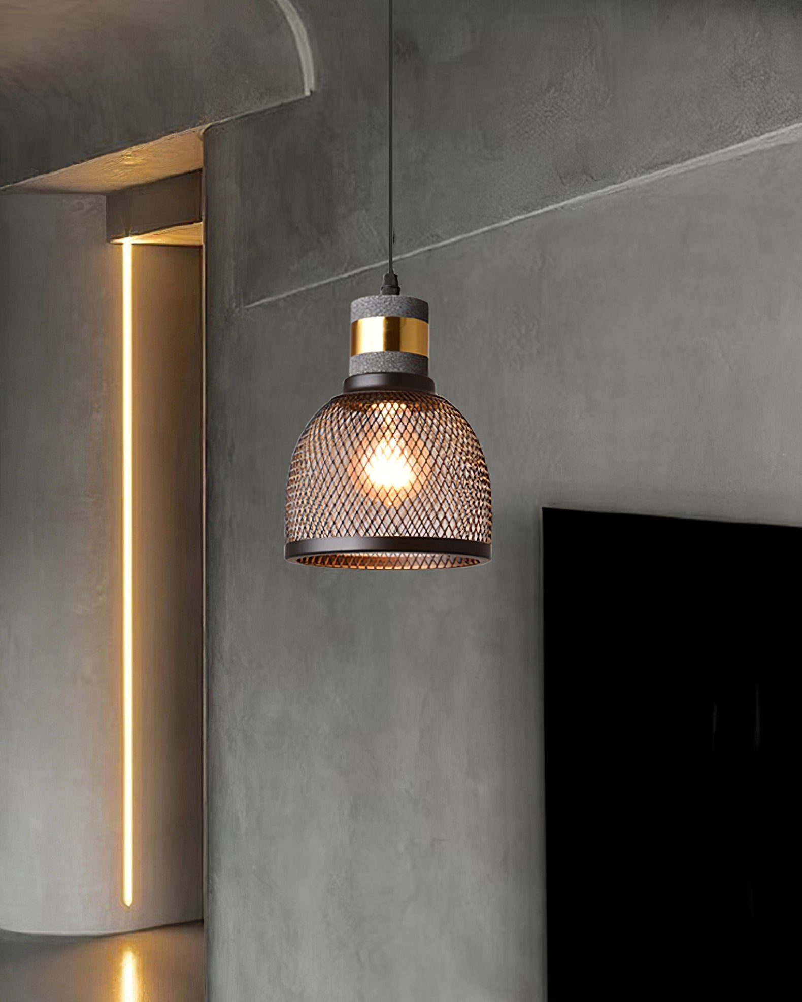 Virexo | Lampada a sospensione in cemento industriale con paralume cilindrico per interni moderni