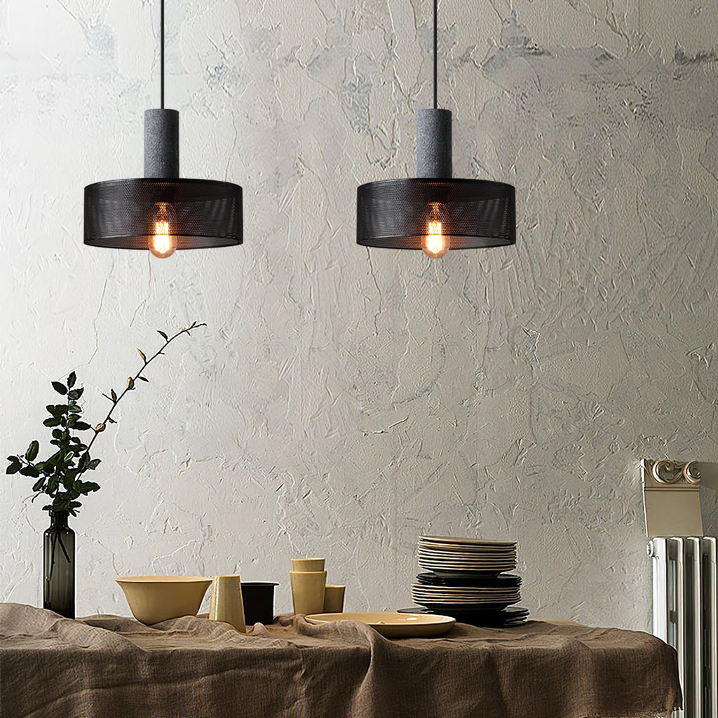 Virexo | Lampada a sospensione in cemento industriale con paralume cilindrico per interni moderni