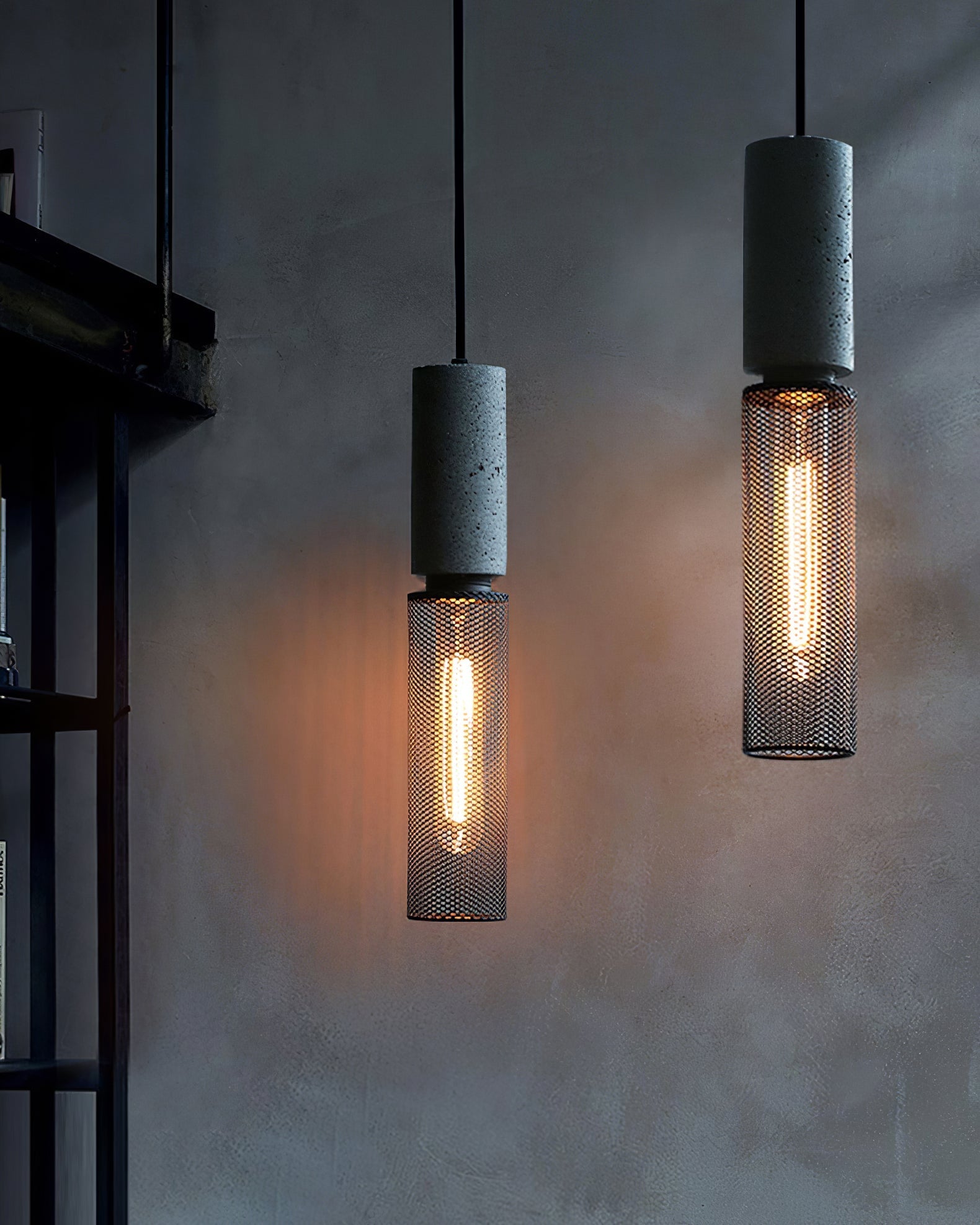 Virexo | Lampada a sospensione in cemento industriale con paralume cilindrico per interni moderni