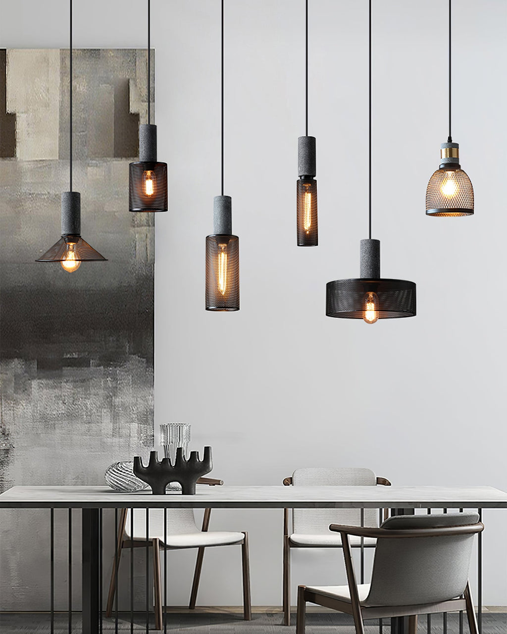 Virexo | Lampada a sospensione in cemento industriale con paralume cilindrico per interni moderni