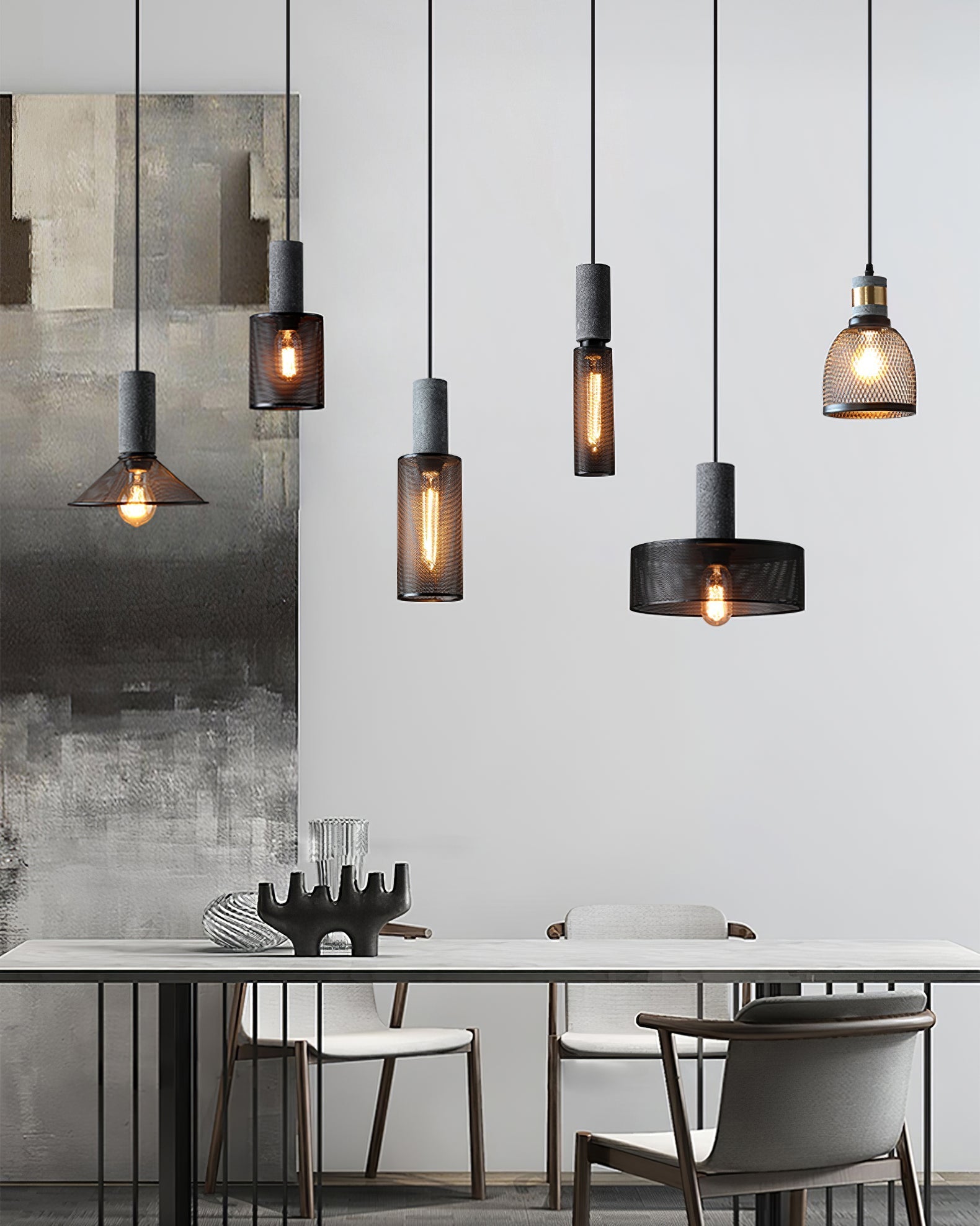 Virexo | Lampada a sospensione in cemento industriale con paralume cilindrico per interni moderni
