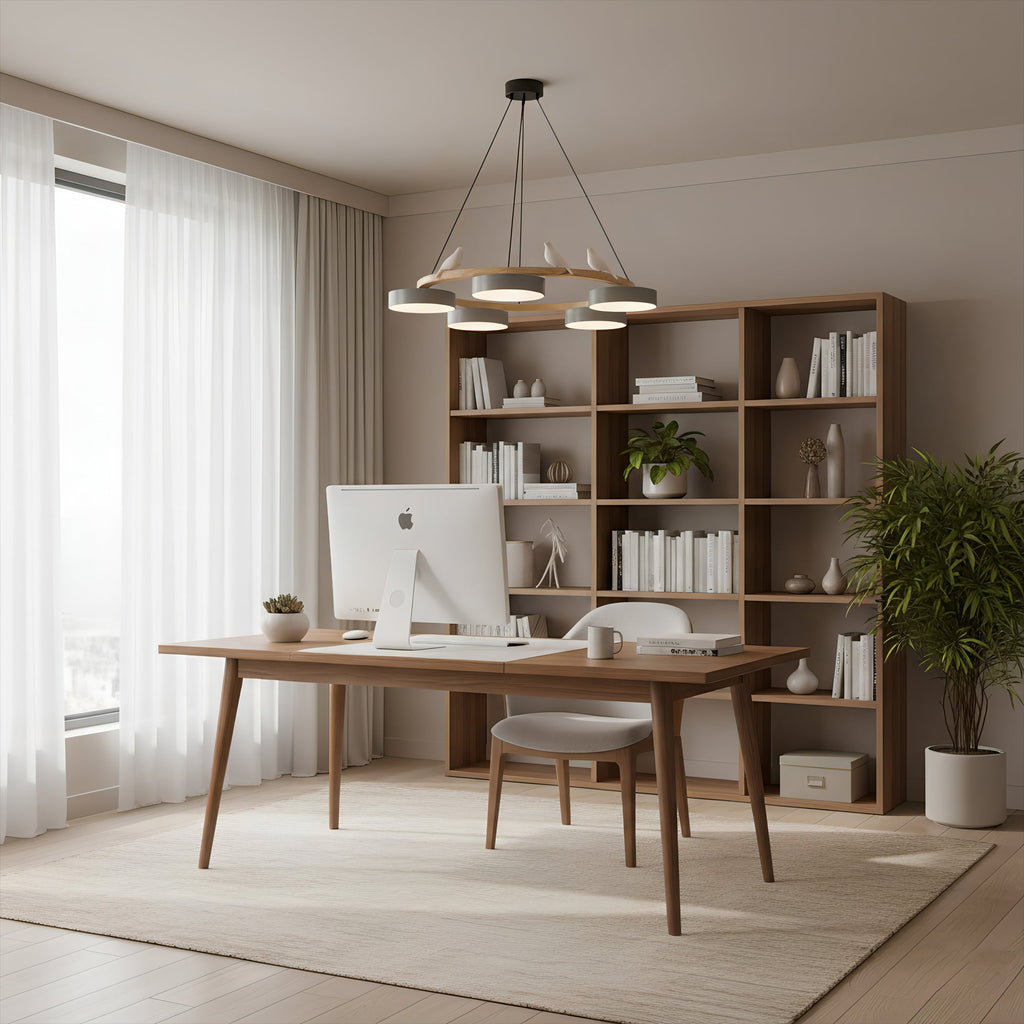 Zerani | Lampadario Rotondo con Design per Uccelli, Struttura in Legno e Illuminazione LED Integrata