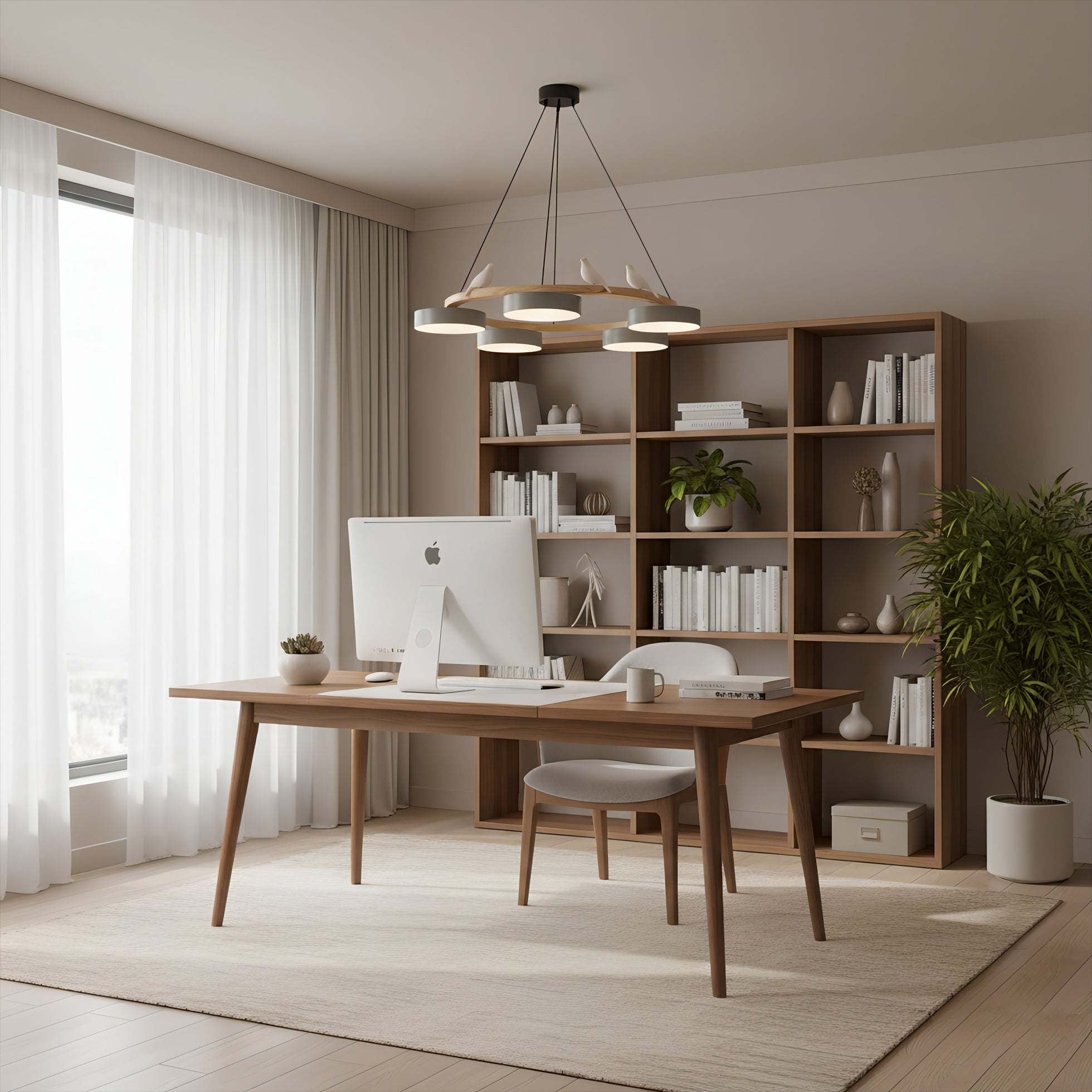 Zerani | Lampadario Rotondo con Design per Uccelli, Struttura in Legno e Illuminazione LED Integrata