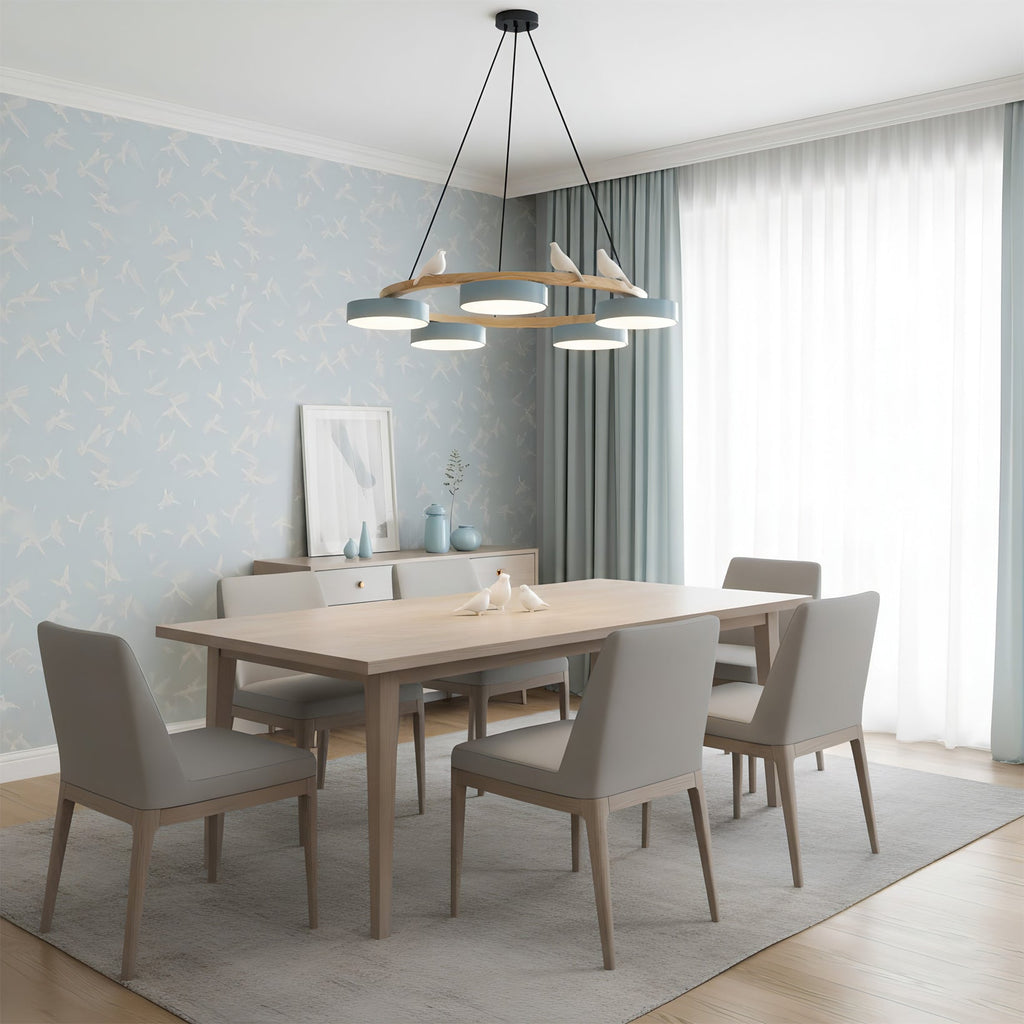 Zerani | Lampadario Rotondo con Design per Uccelli, Struttura in Legno e Illuminazione LED Integrata