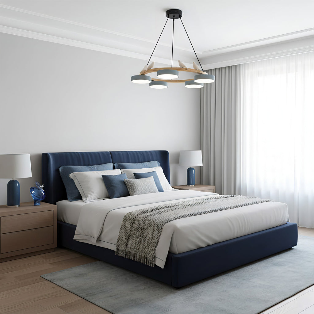 Zerani | Lampadario Rotondo con Design per Uccelli, Struttura in Legno e Illuminazione LED Integrata