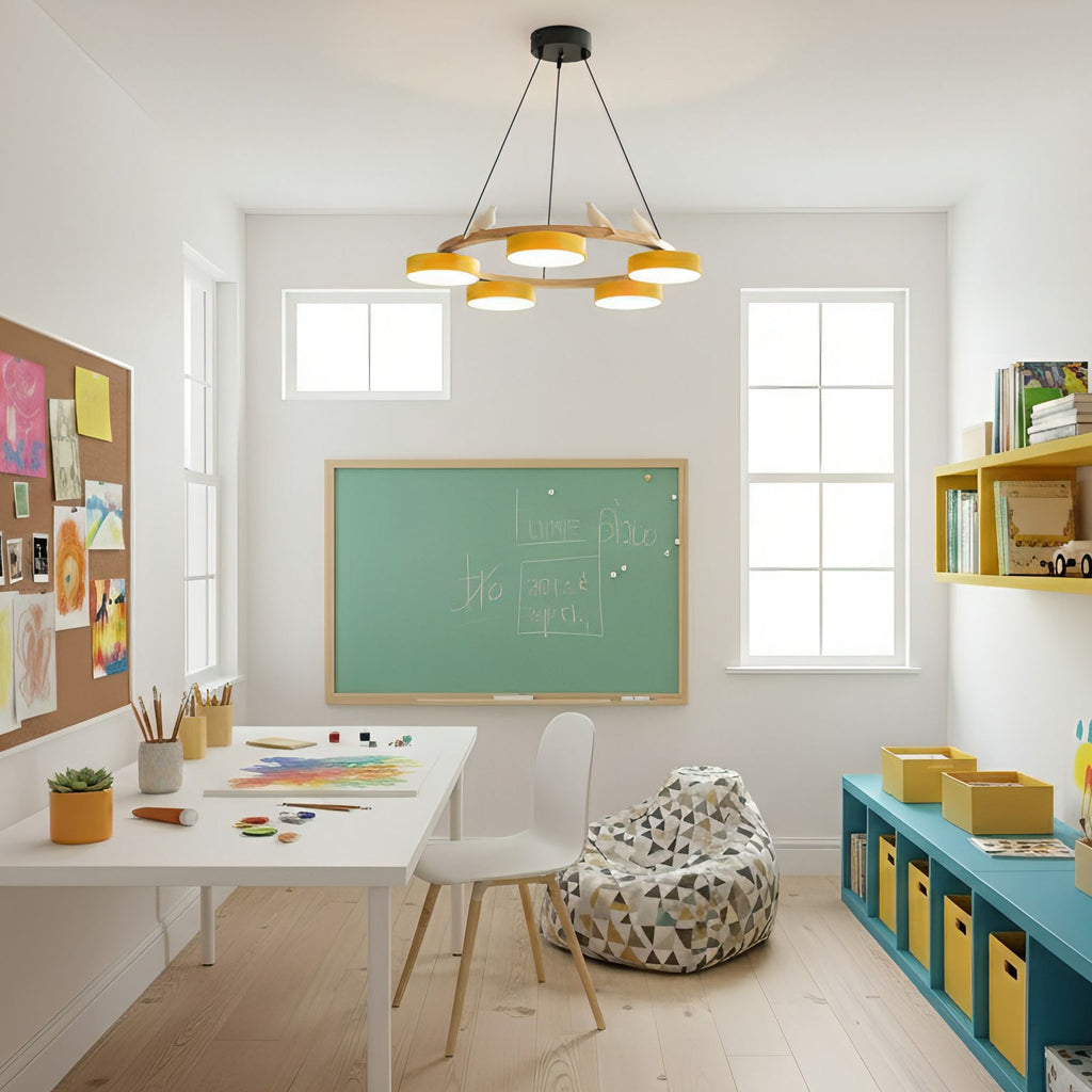 Zerani | Lampadario Rotondo con Design per Uccelli, Struttura in Legno e Illuminazione LED Integrata