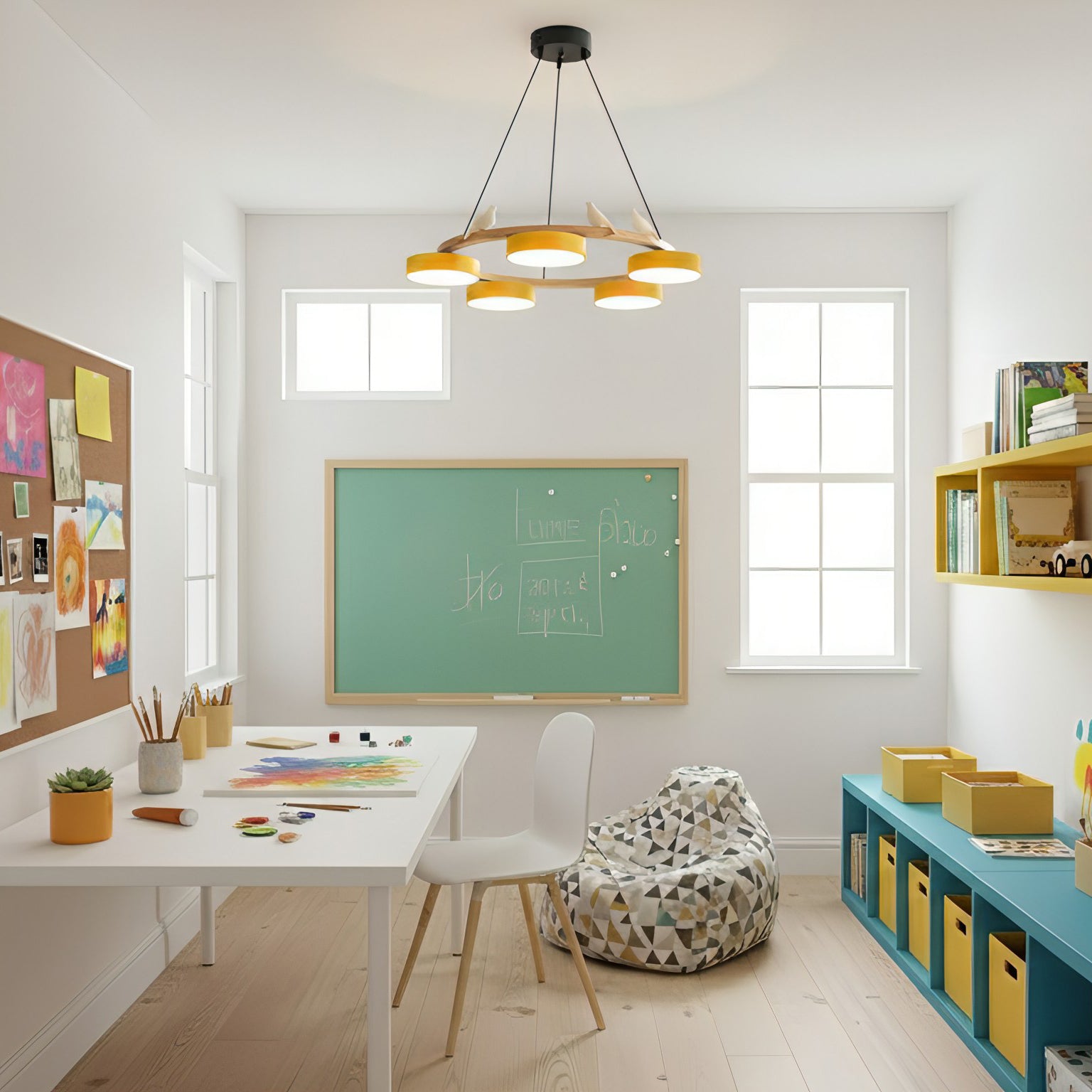 Zerani | Lampadario Rotondo con Design per Uccelli, Struttura in Legno e Illuminazione LED Integrata