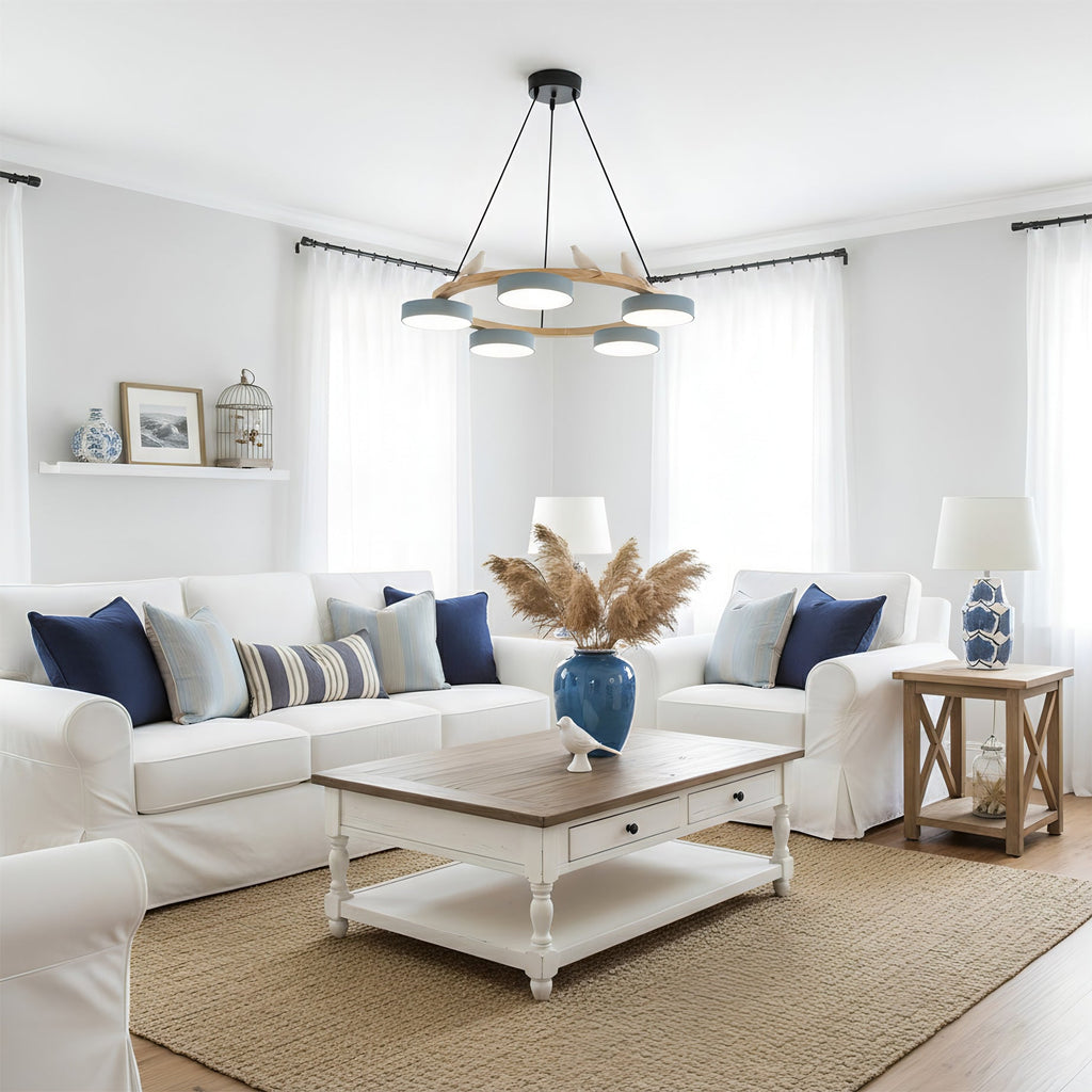 Zerani | Lampadario Rotondo con Design per Uccelli, Struttura in Legno e Illuminazione LED Integrata