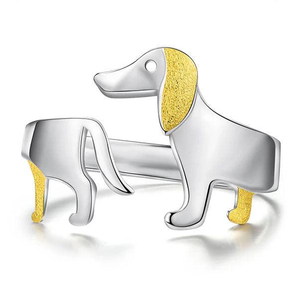 Anello Regolabile in Argento 925 con Cagnolino Bassotto