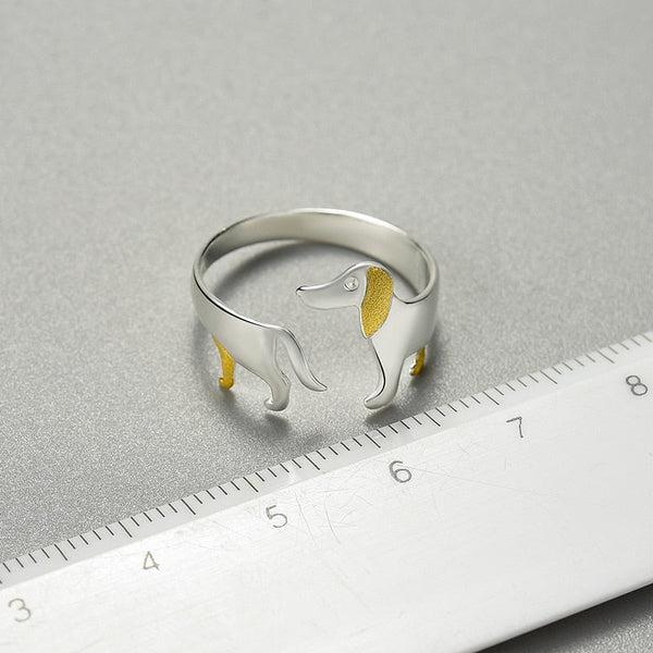Anello Regolabile in Argento 925 con Cagnolino Bassotto
