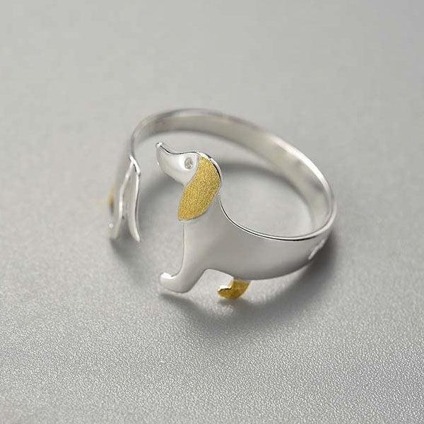 Anello Regolabile in Argento 925 con Cagnolino Bassotto