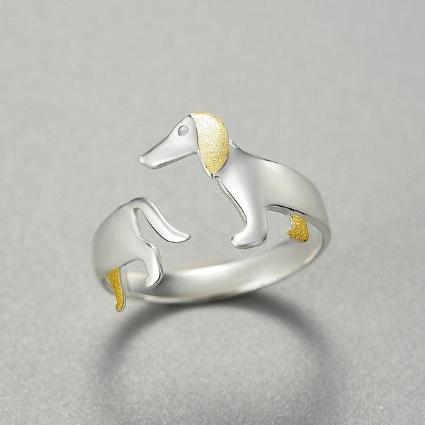 Anello Regolabile in Argento 925 con Cagnolino Bassotto