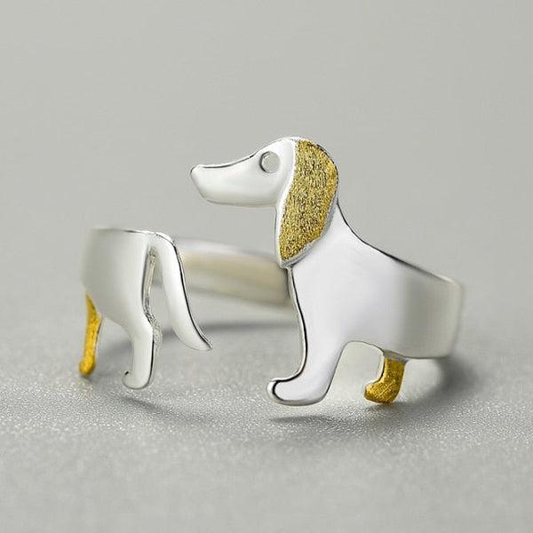 Anello Regolabile in Argento 925 con Cagnolino Bassotto