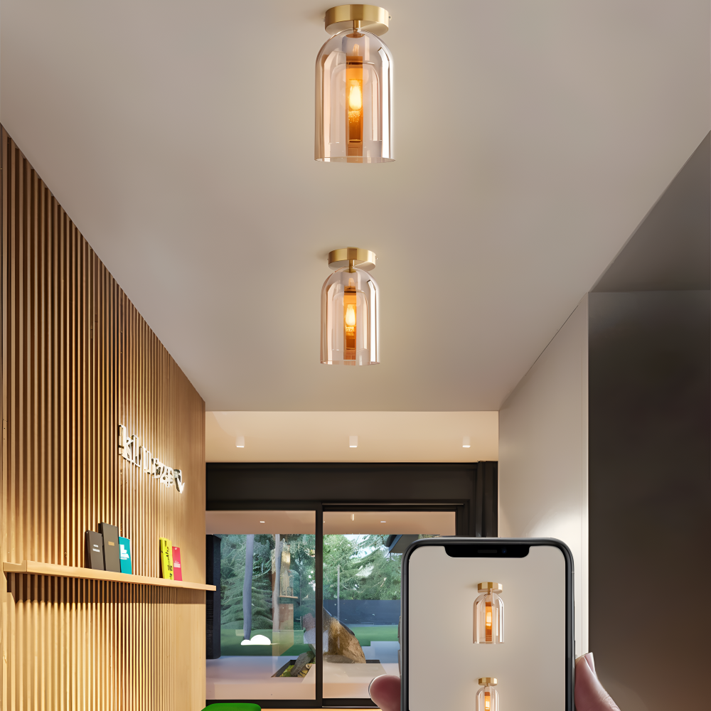 LumoSphere – Lampada a soffitto LED moderna in vetro con finitura nera e oro