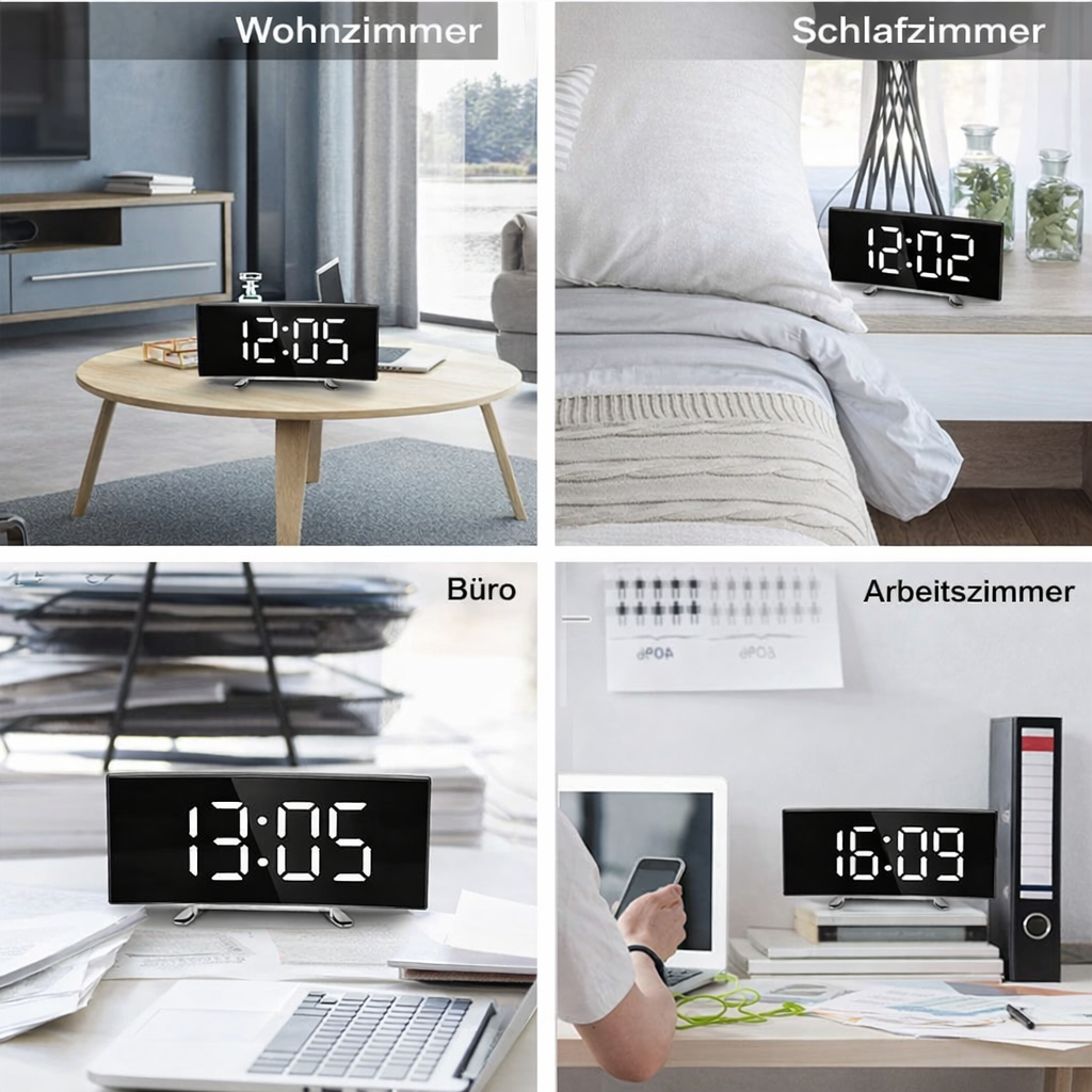 Orologio Digitale | Sveglia a LED con Specchio | Dimmable Automatico Senza Abbagliamento | CurveClock