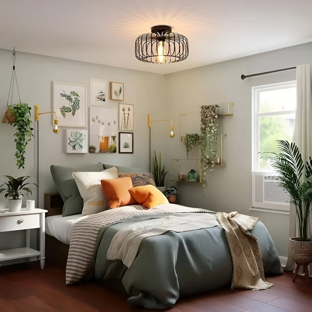 CageLume – Lampada a Soffitto in Design Industriale Moderno con Uccelliera Nera