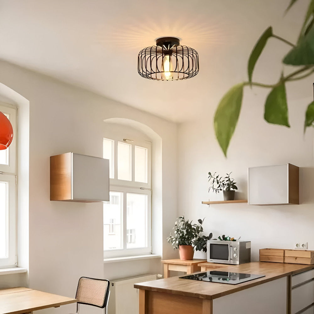 CageLume – Lampada a Soffitto in Design Industriale Moderno con Uccelliera Nera