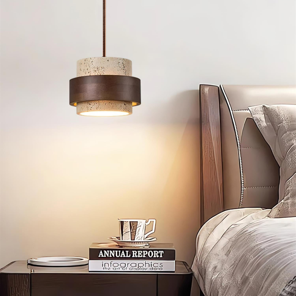 TerraLume – Lampadario Japandi in Travertino e Noce