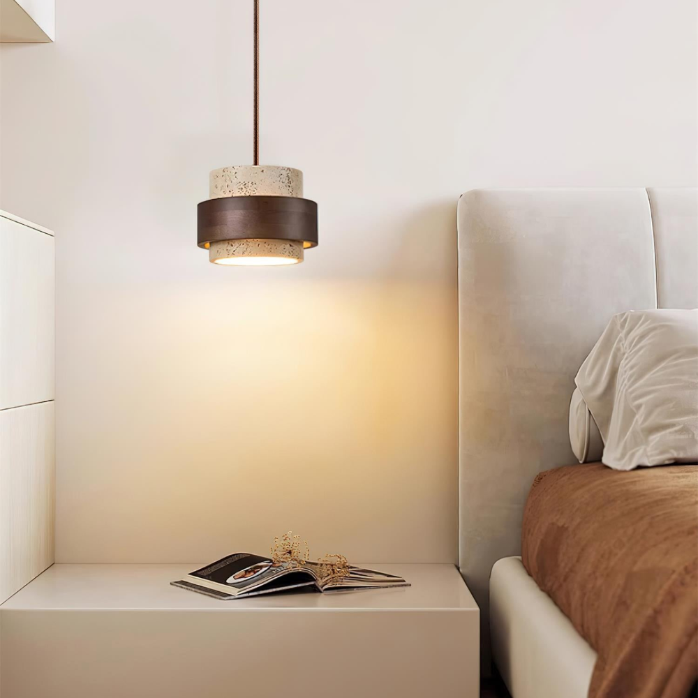 TerraLume – Lampadario Japandi in Travertino e Noce